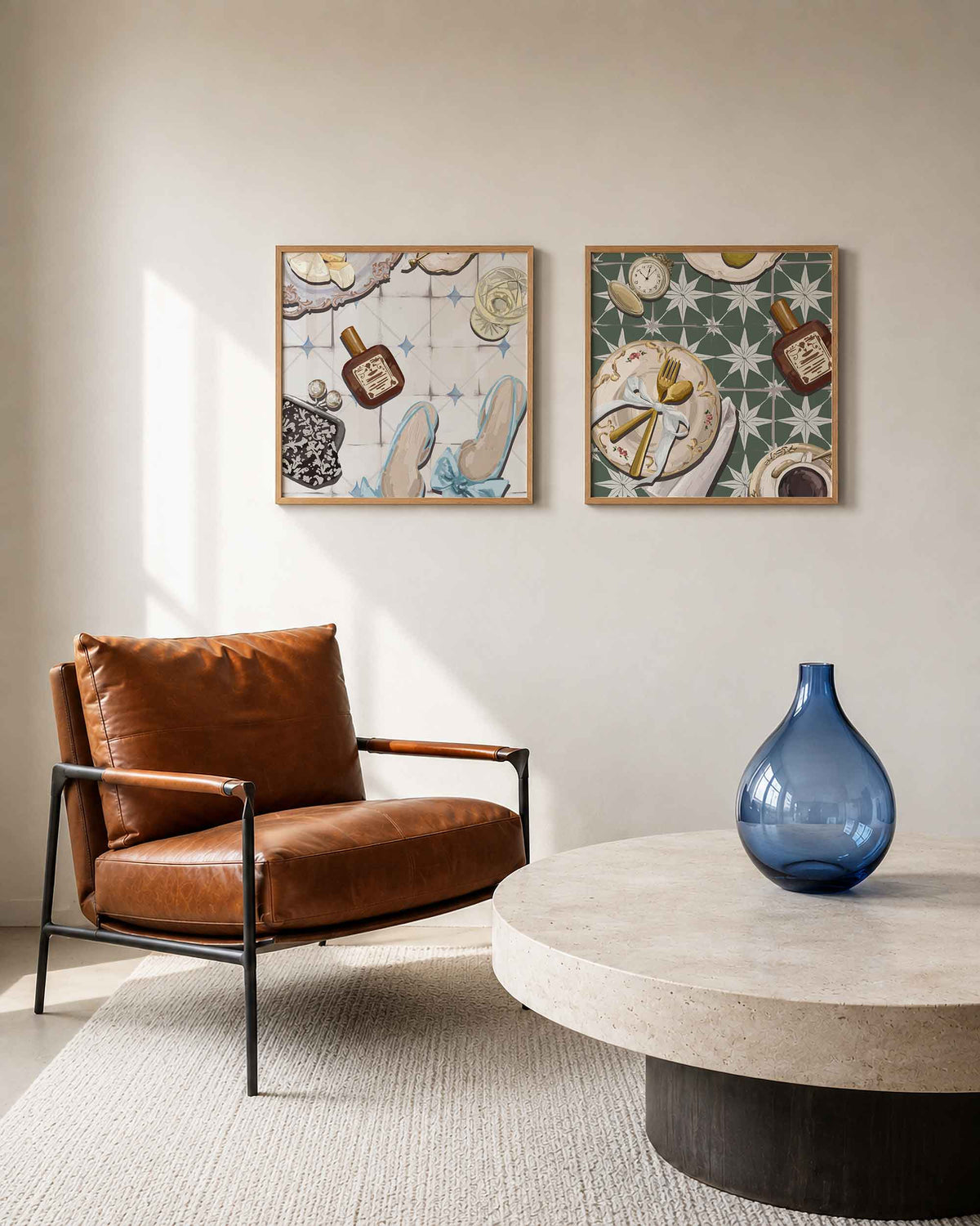 Interieurpresentatie van een tweedelige vierkante posterset met servies en ontbijt
