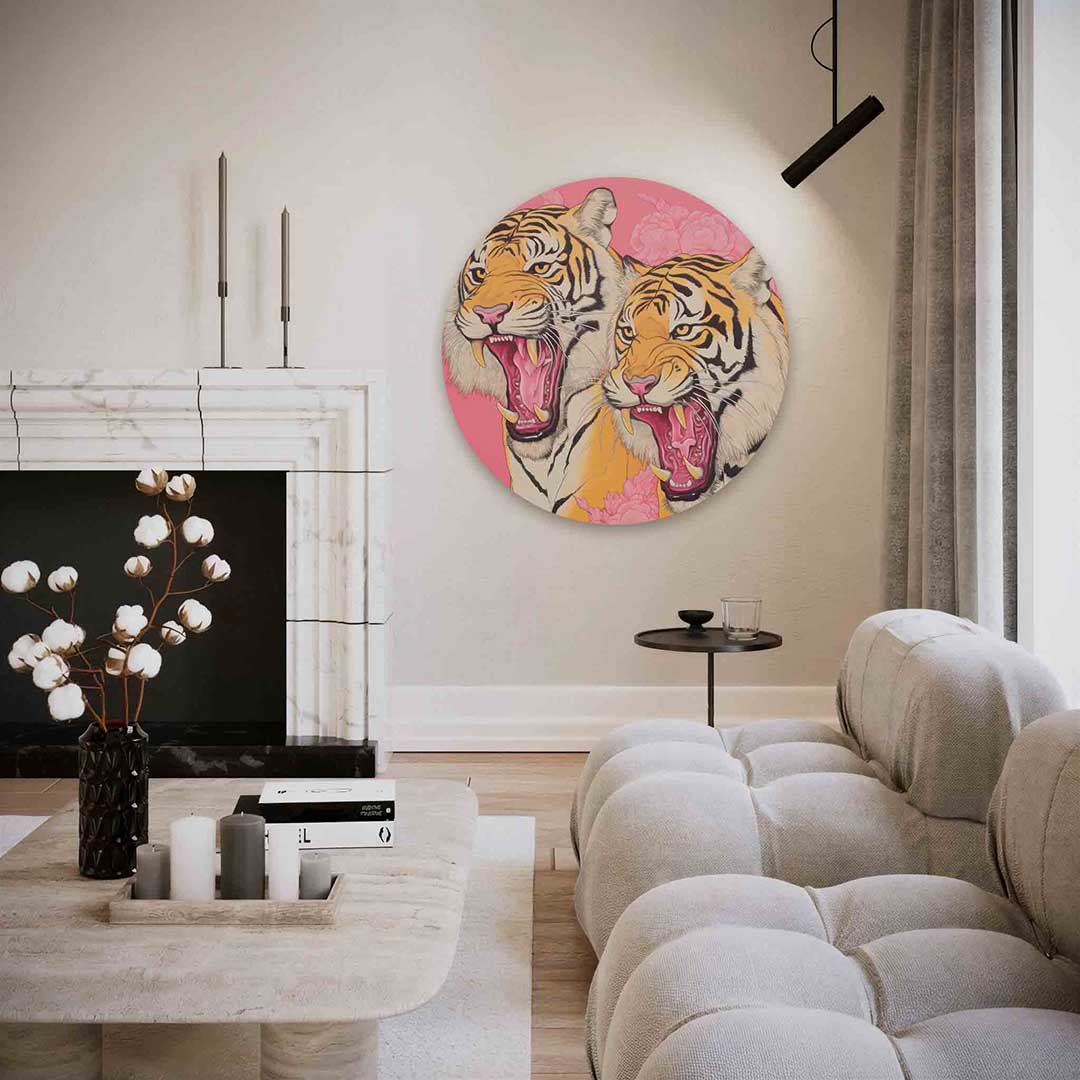 Twee tijgers op roze achtergrond Muurcirkel