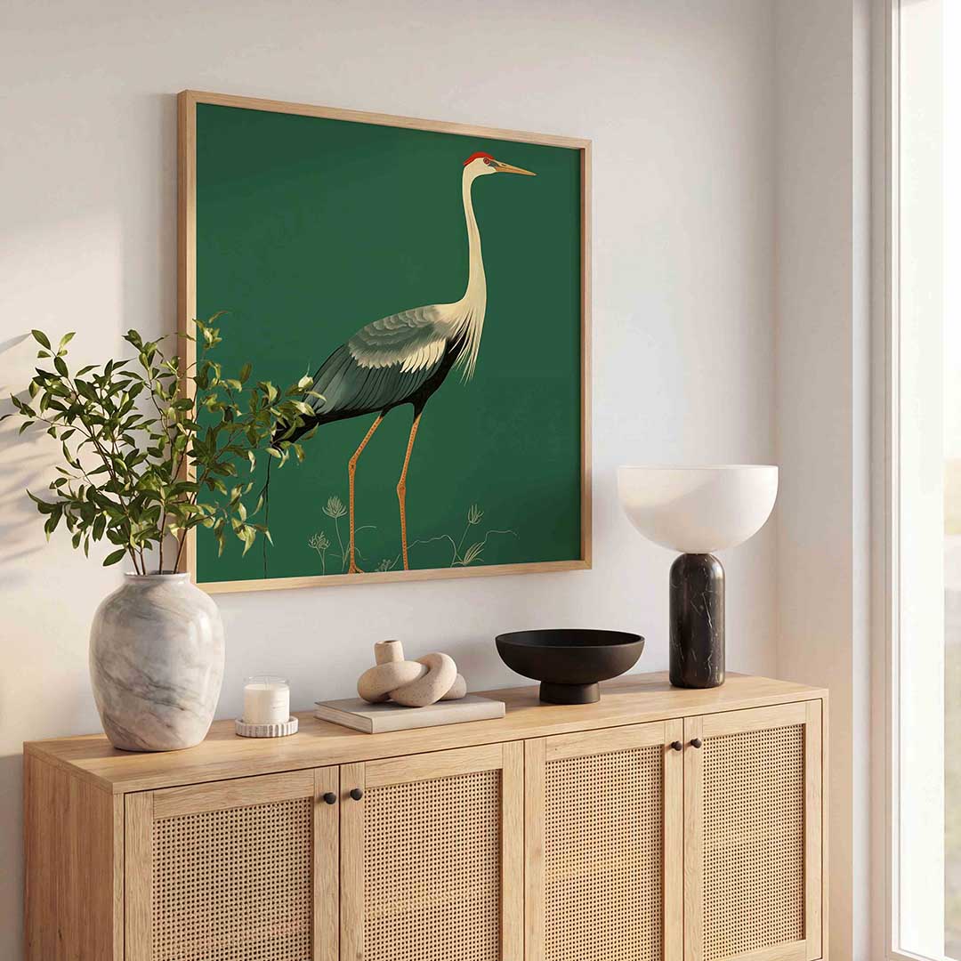 Kraanvogel op groene achtergrond Poster