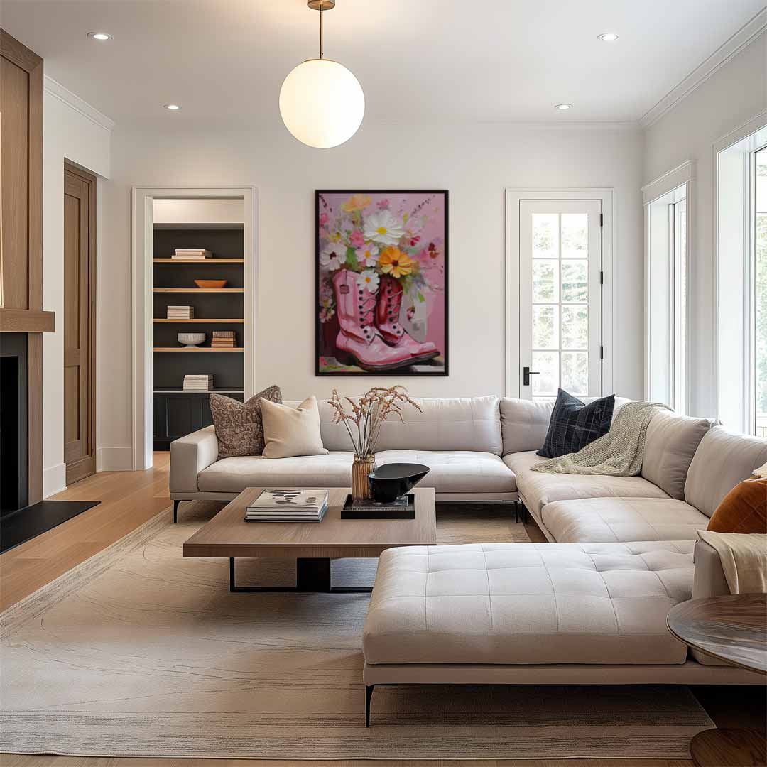 Bloemrijke Laarzen in Roze Tint Kunstwerk-canvas-dibond-plexiglas-wanddecoratie-WallArtistic