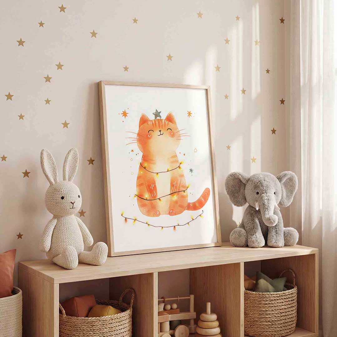 Kerstkat met lichtjes Poster
