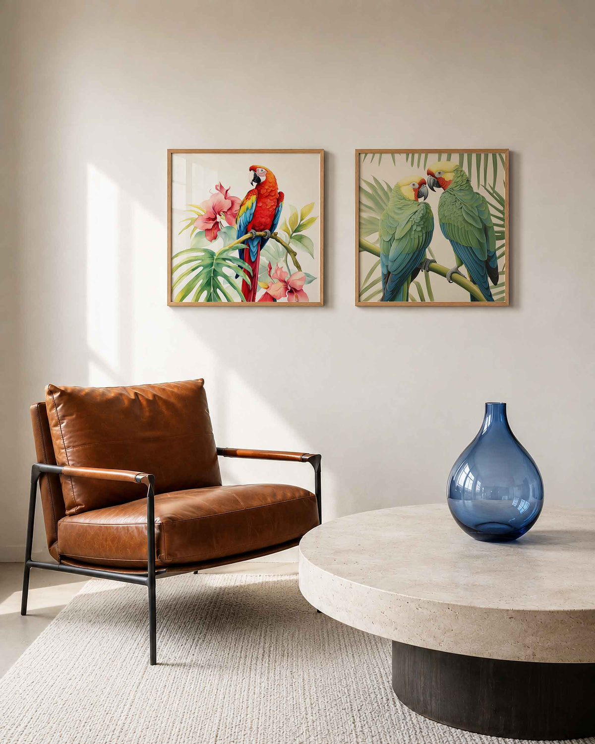 Interieurpresentatie van een tweedelige vierkante posterset met papegaaien en tropische bloemen