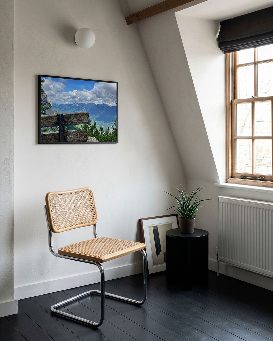 Berglandschap met bank Poster