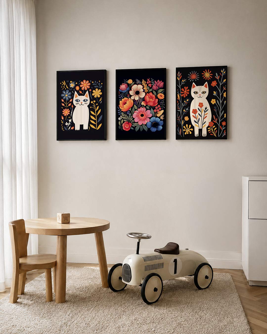 Kleurrijke kat en bloemen Posterset