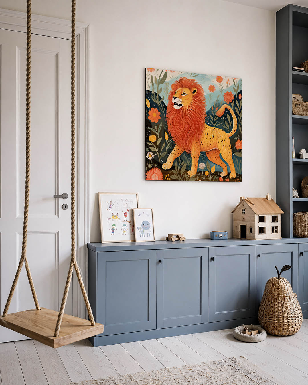 Leeuw in bloemenveld Kunstwerk