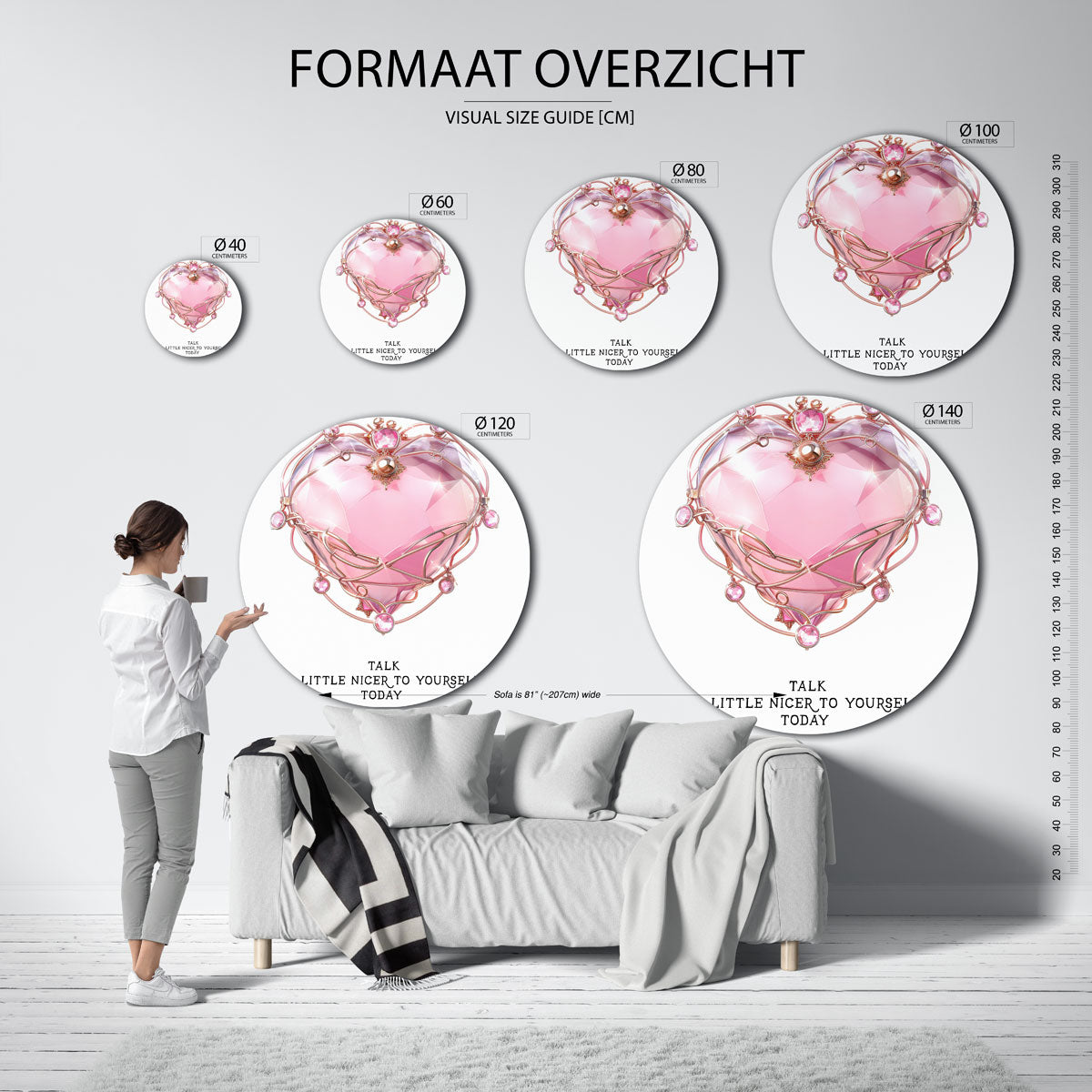 Roze hart met sieraden Muurcirkel