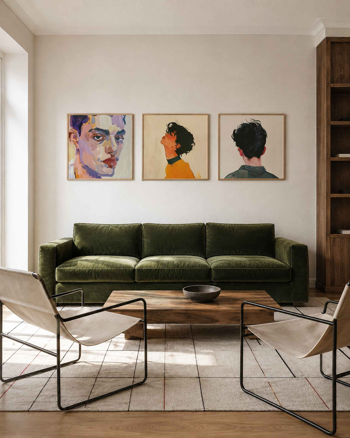 Interieurpresentatie van een driedelige vierkante posterset met portretten in kleur