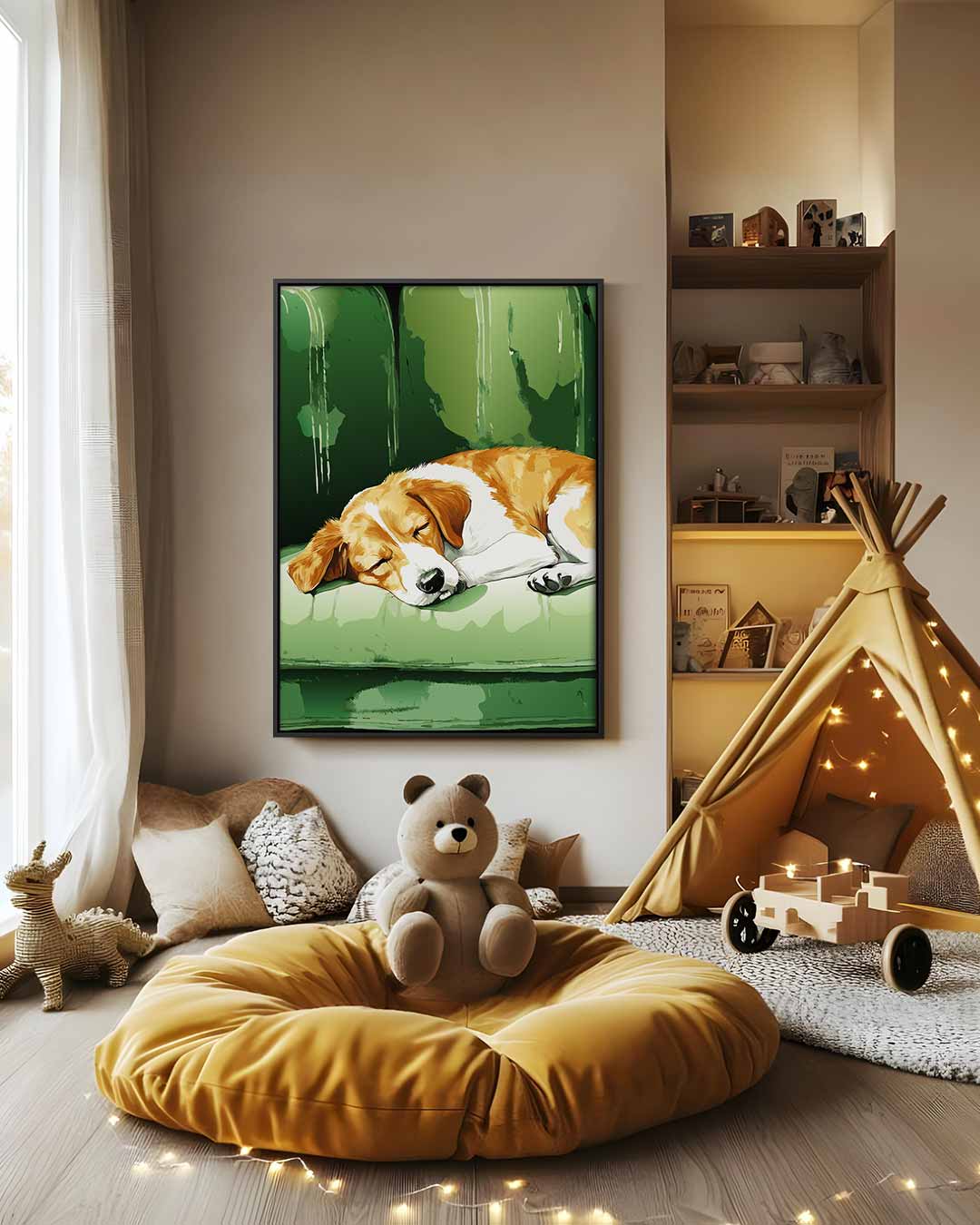 Slapende Beagle op Groene Bank Kunstwerk-canvas-dibond-plexiglas-wanddecoratie-WallArtistic