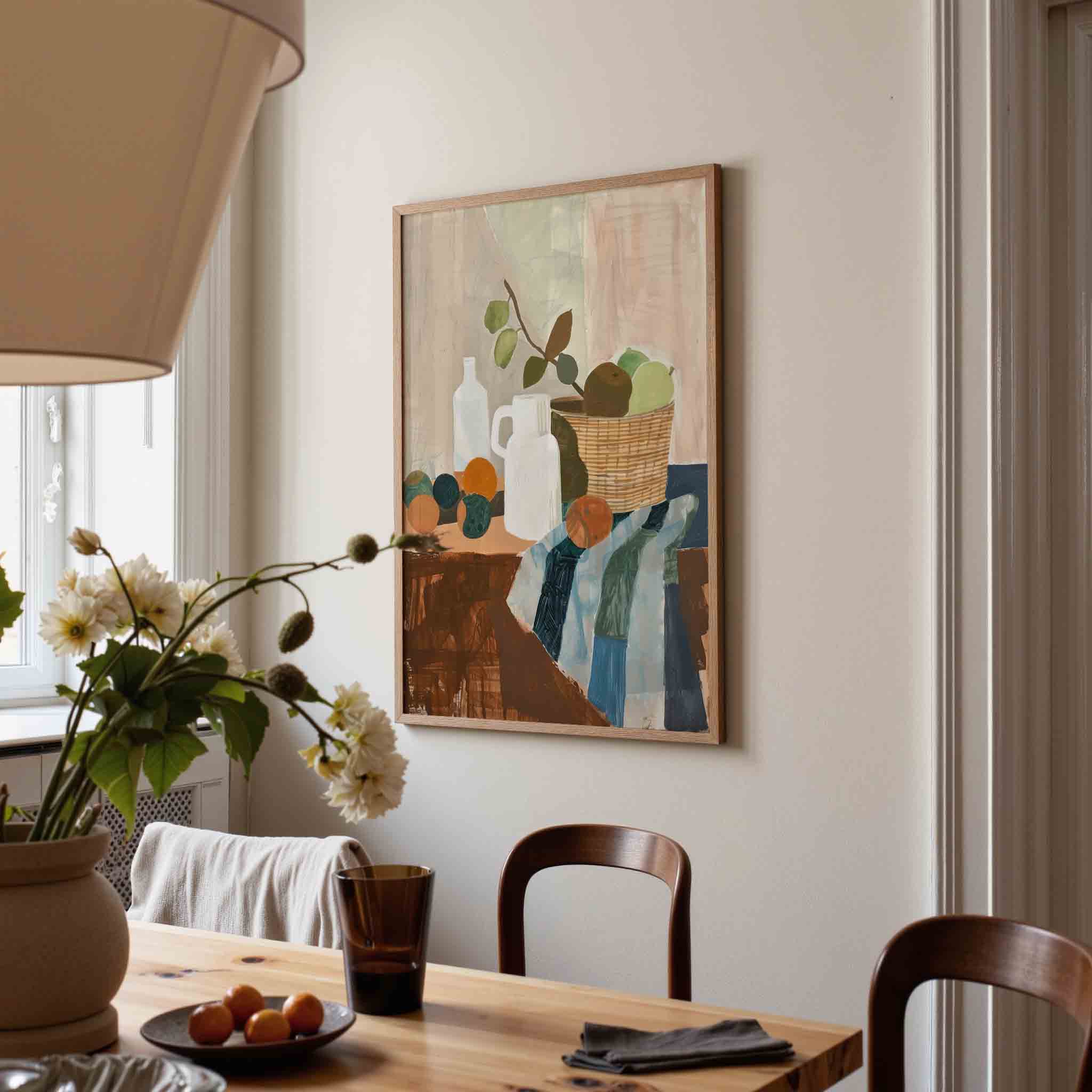 Stilleven met fruit en flessen Poster