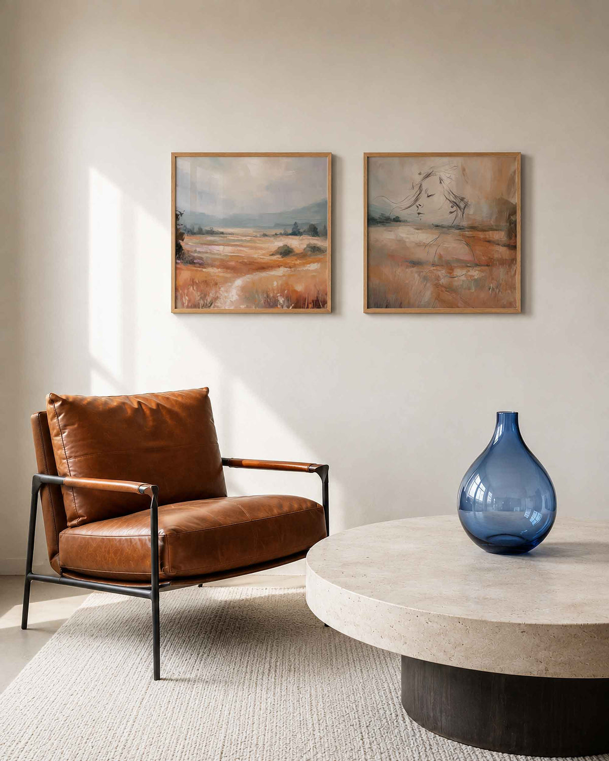 Interieurpresentatie van een tweedelige vierkante posterset met landschap en vrouw