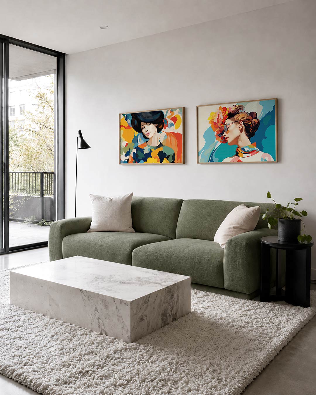 Twee liggende posters met een vrouw omringd door een levendige mix van kleuren en vormen, aan de muur in een interieur