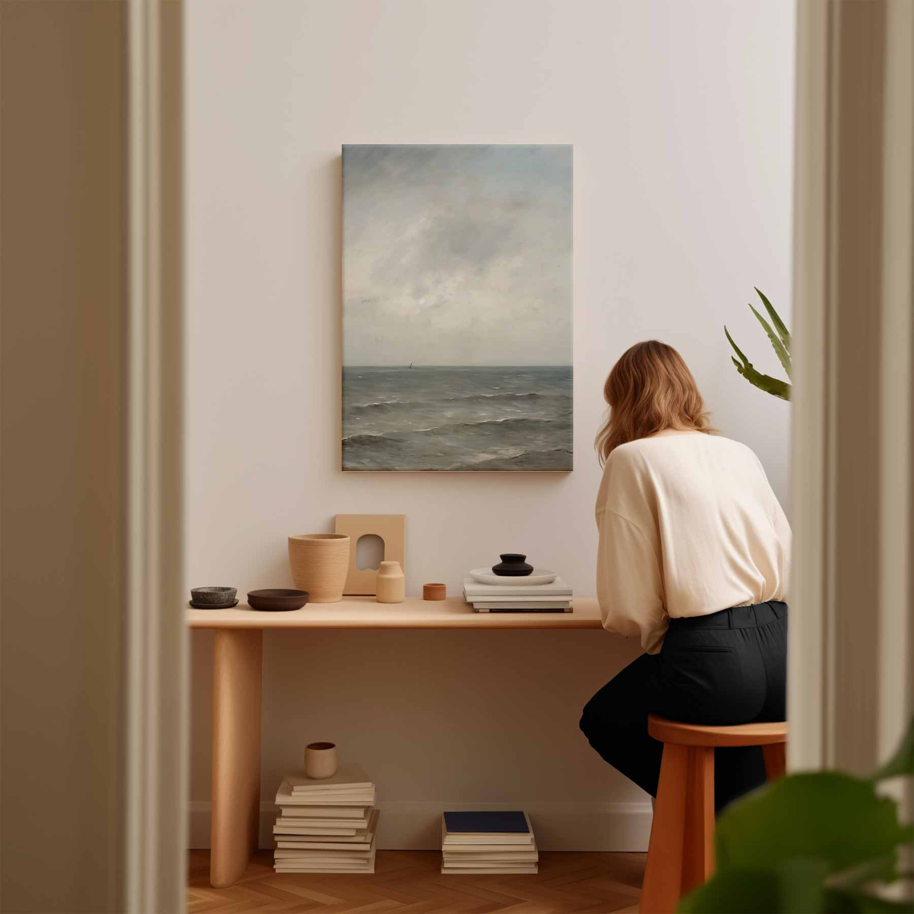 Rustige Zee onder Grijze Lucht Kunstwerk-canvas-dibond-plexiglas-wanddecoratie-WallArtistic