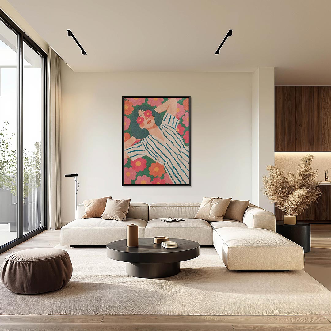 Vrouw in bloemenveld Kunstwerk