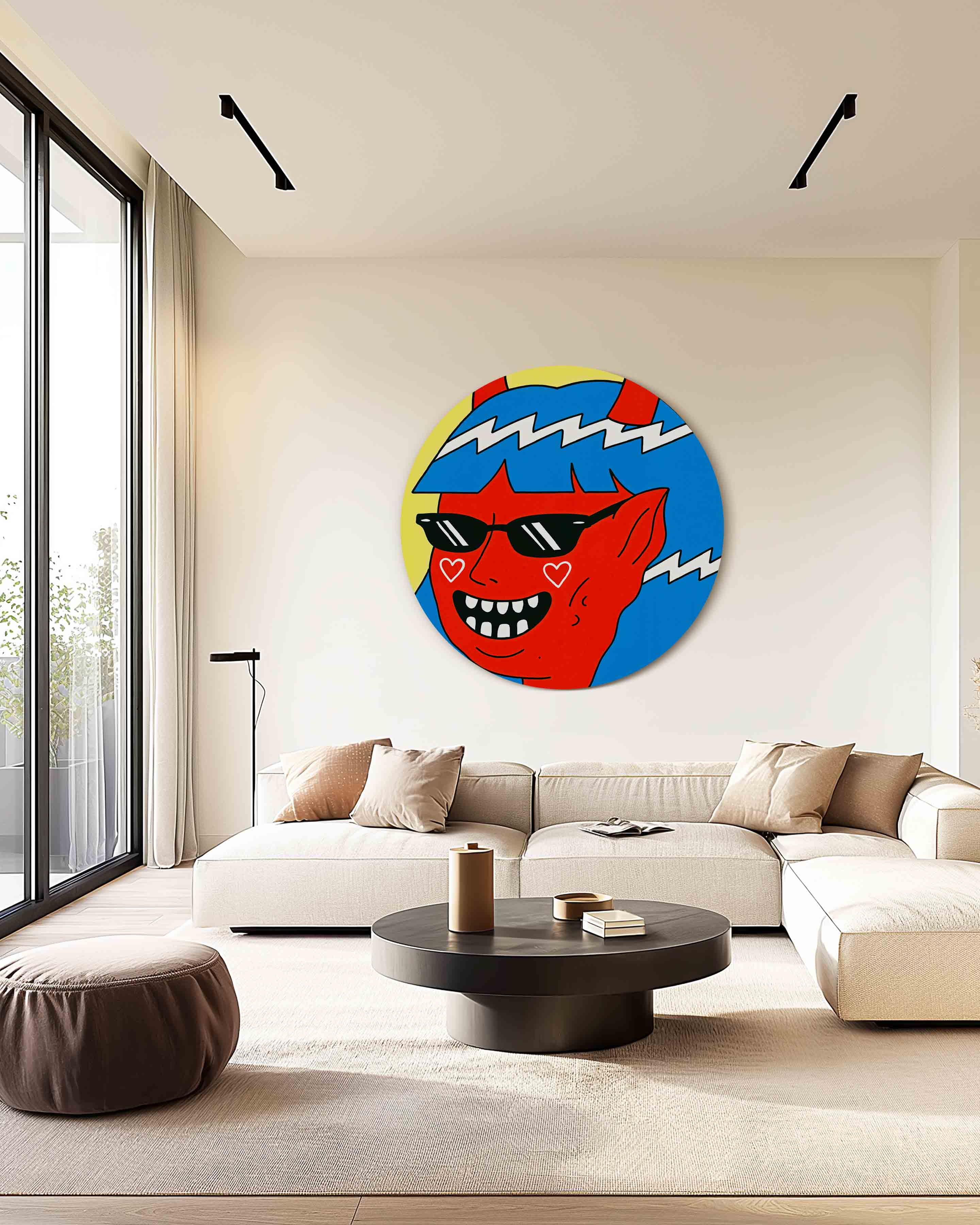 Rode figuur met blauwe haren Muurcirkel