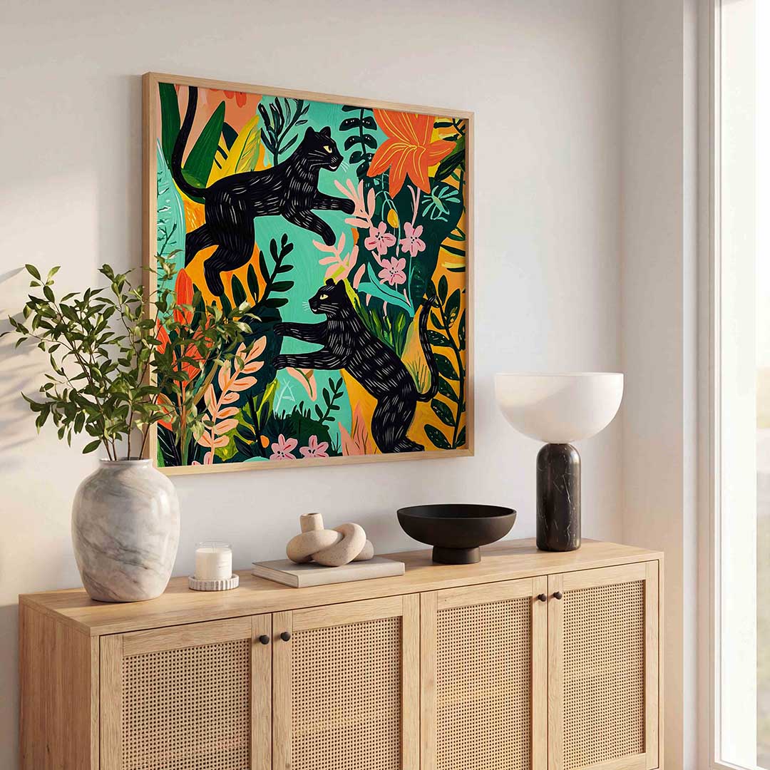 Zwarte panters en bloemen Poster