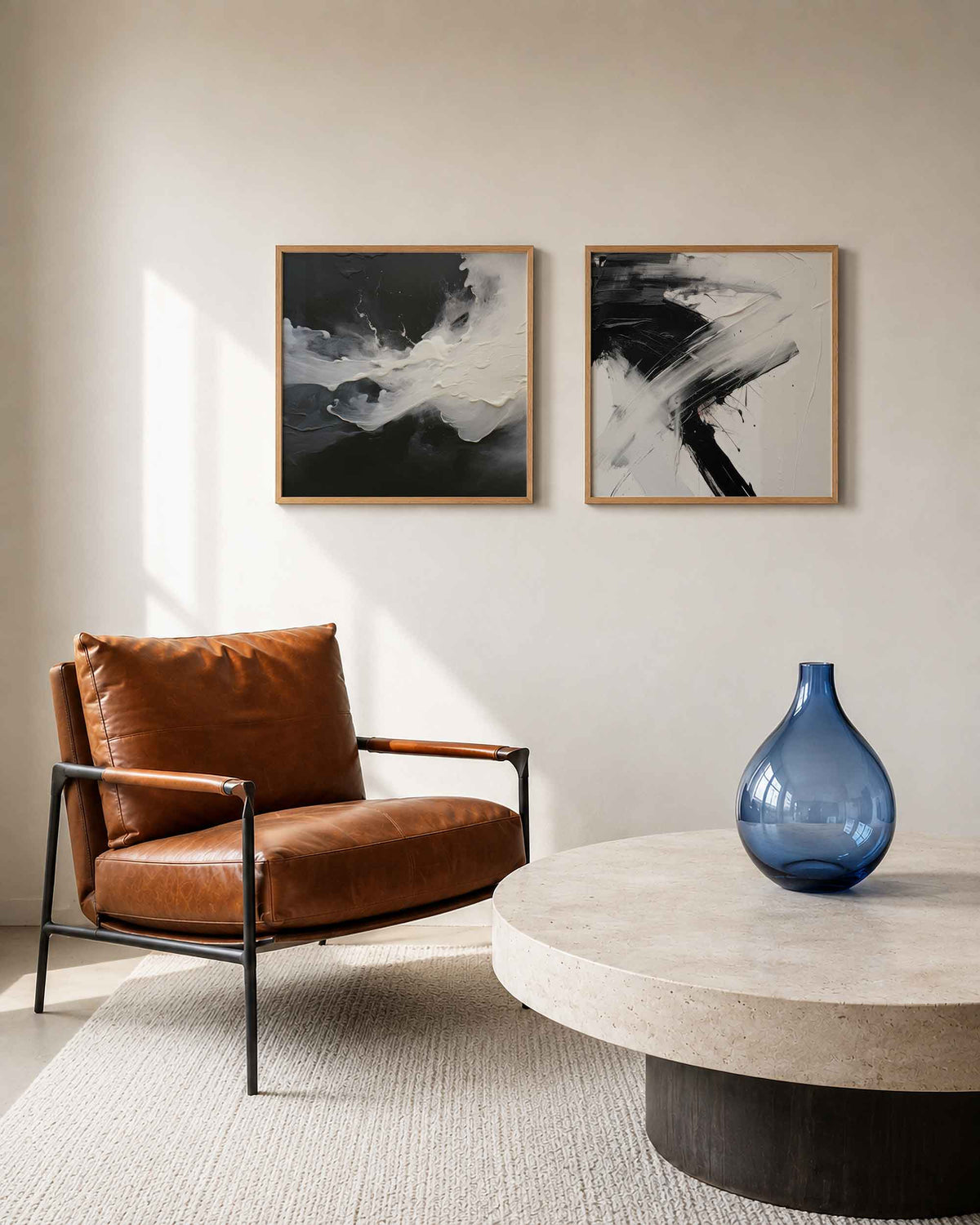 Interieurpresentatie van een tweedelige vierkante posterset met zwart witte verfstreken