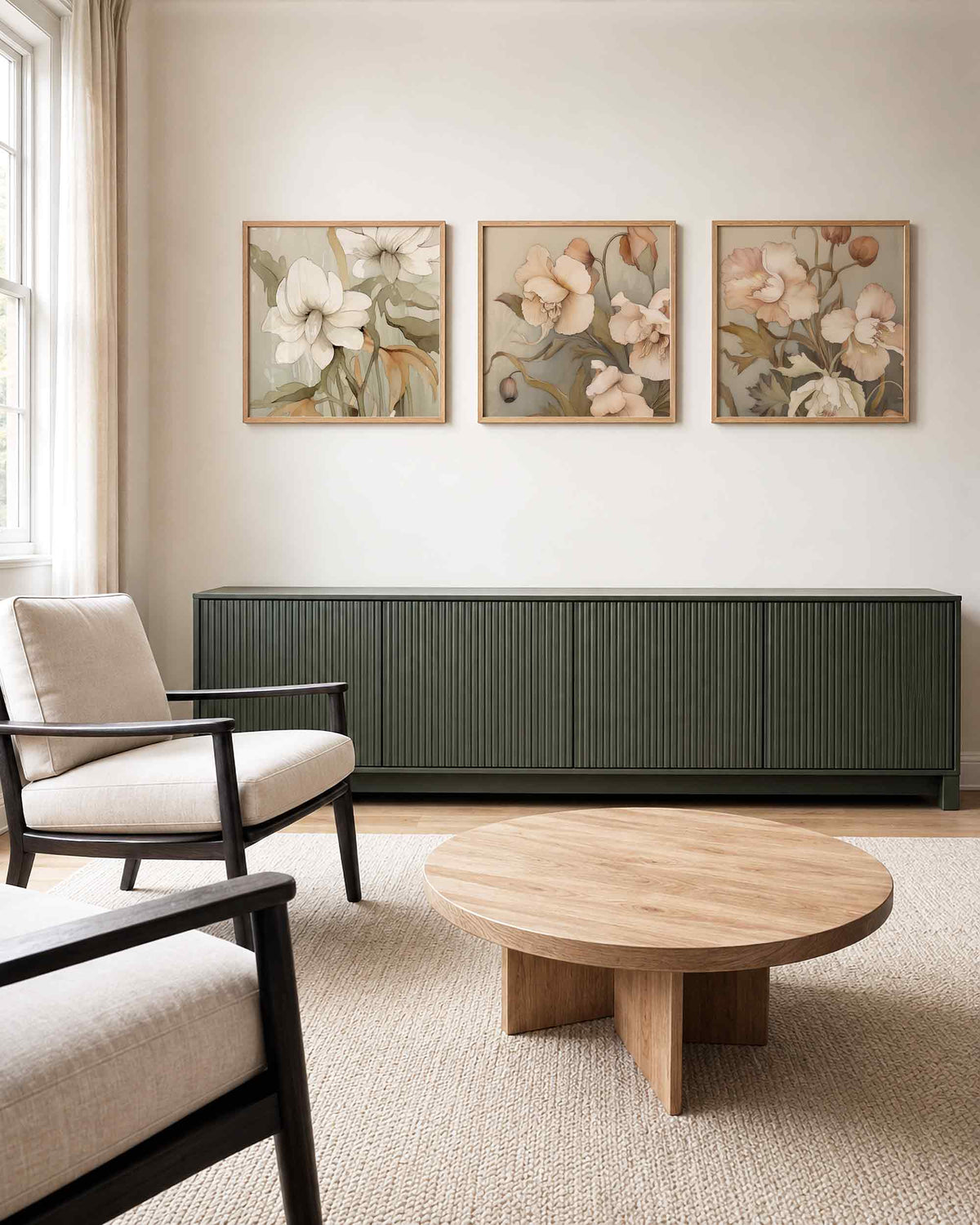 Interieurpresentatie van een driedelige vierkante posterset met pastelkleurige bloemen