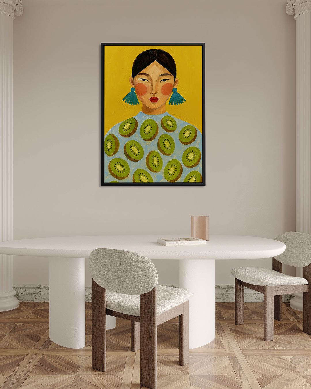 Vrouw met kiwi's Kunstwerk