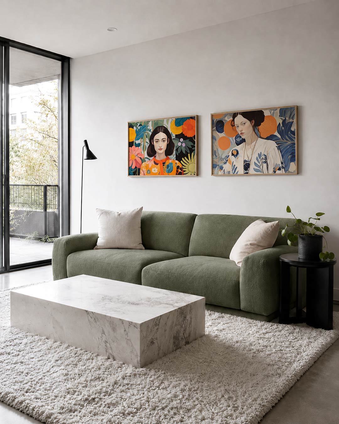 Twee liggende posters met een vrouw omringd door kleurrijke bloemen en bladeren, aan de muur in een interieur