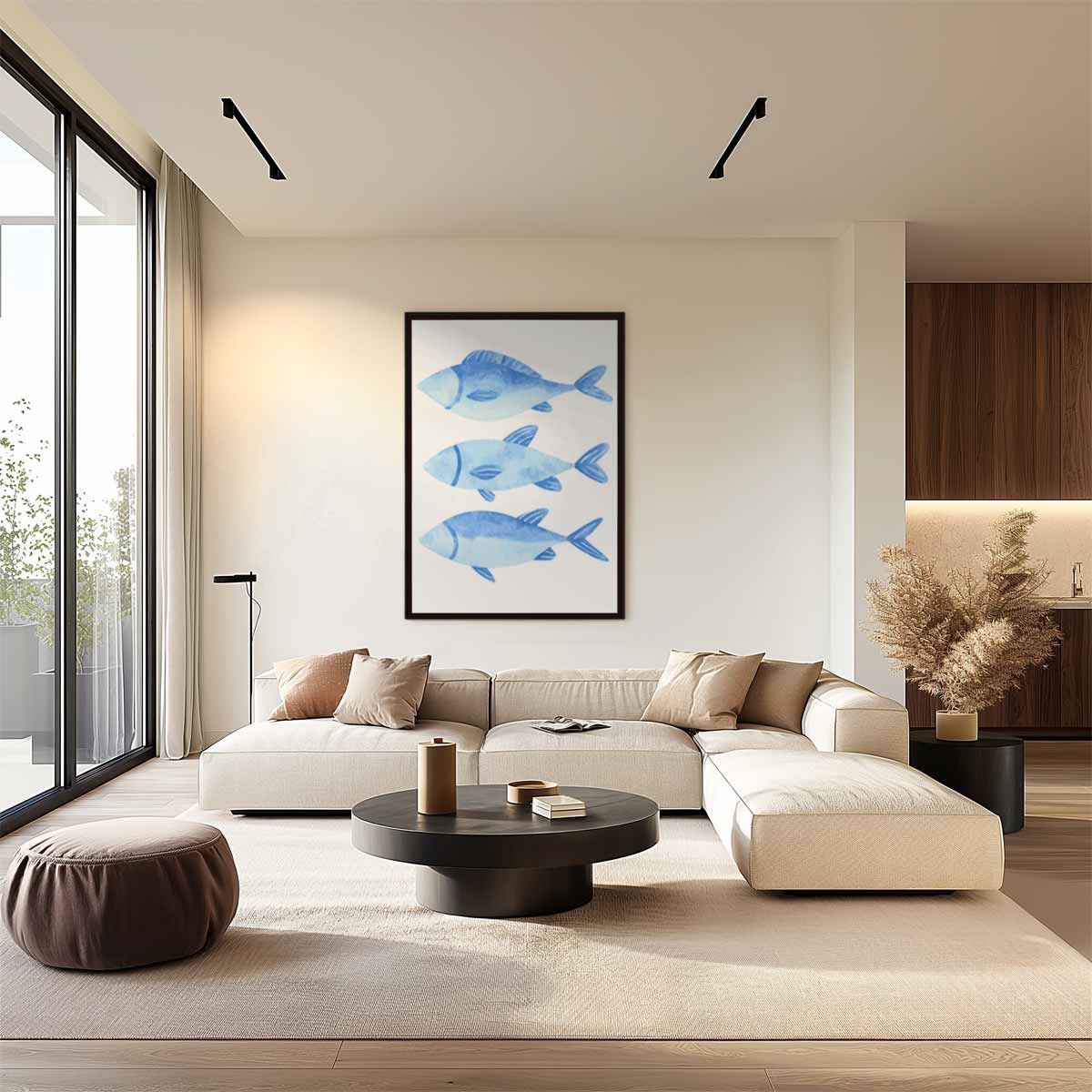 Blauw Waterverf Vissen Trio Kunstwerk-canvas-dibond-plexiglas-wanddecoratie-WallArtistic