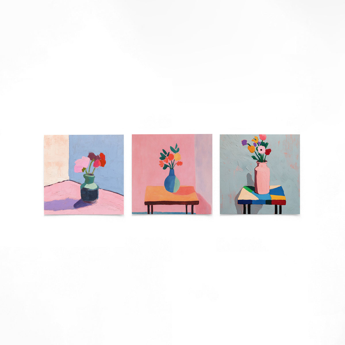 Drie vierkante posters met bloemen in vazen op een gebroken witte achtergrond
