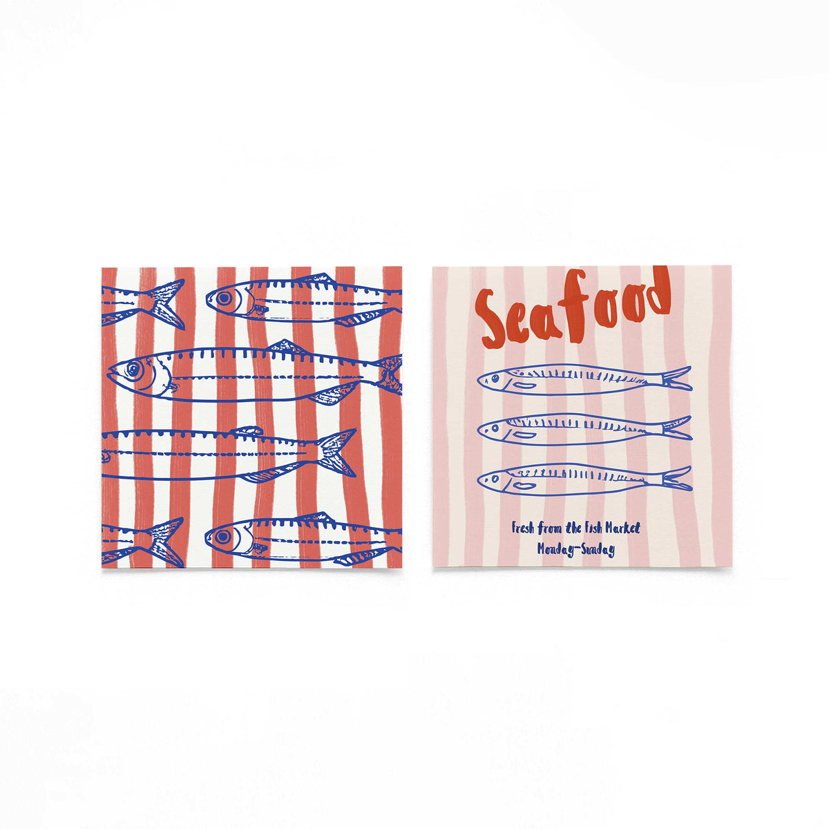 Twee vierkante posters met vissen en seafood op een gebroken witte achtergrond