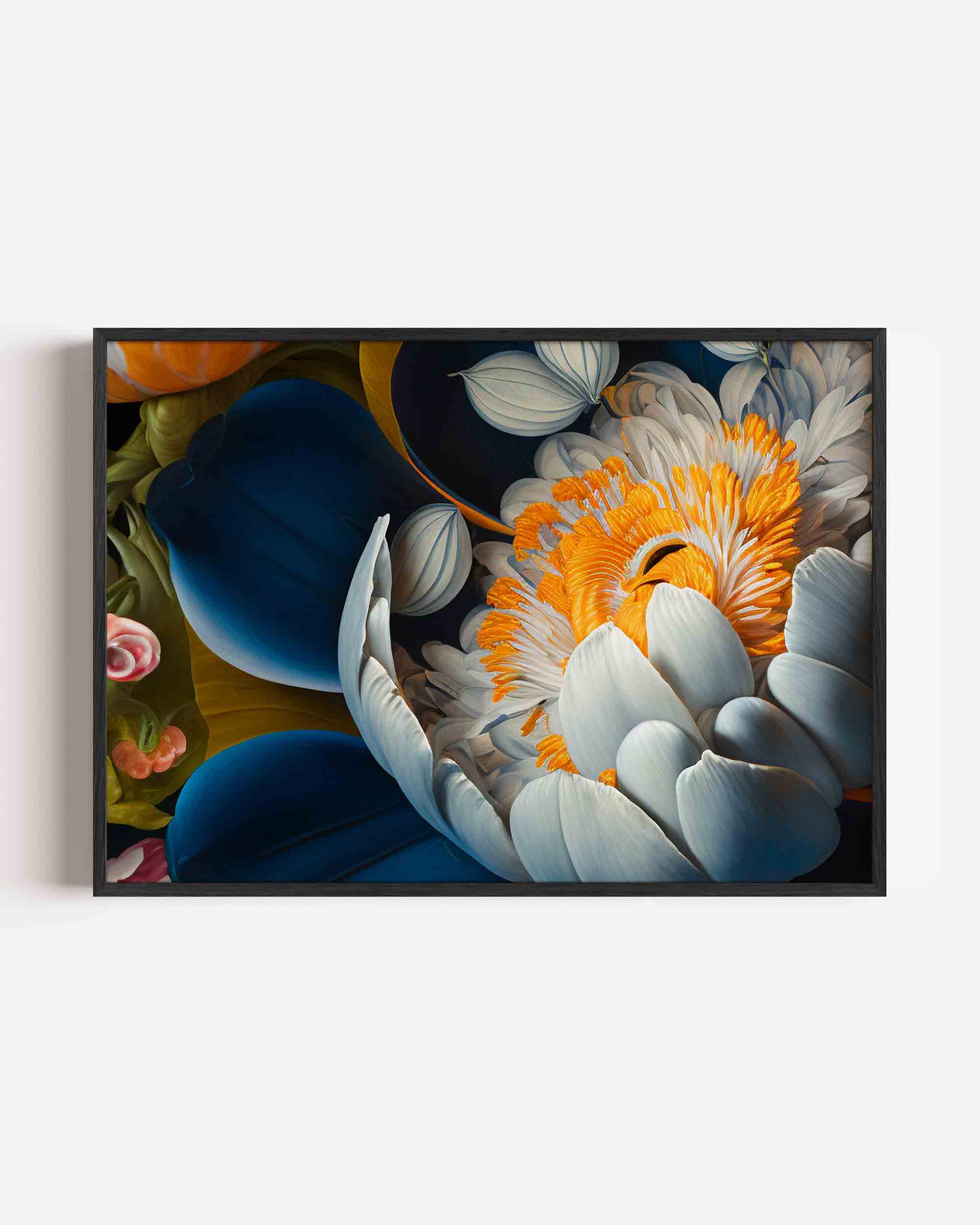 Bloem met blauwe en oranje accenten Poster