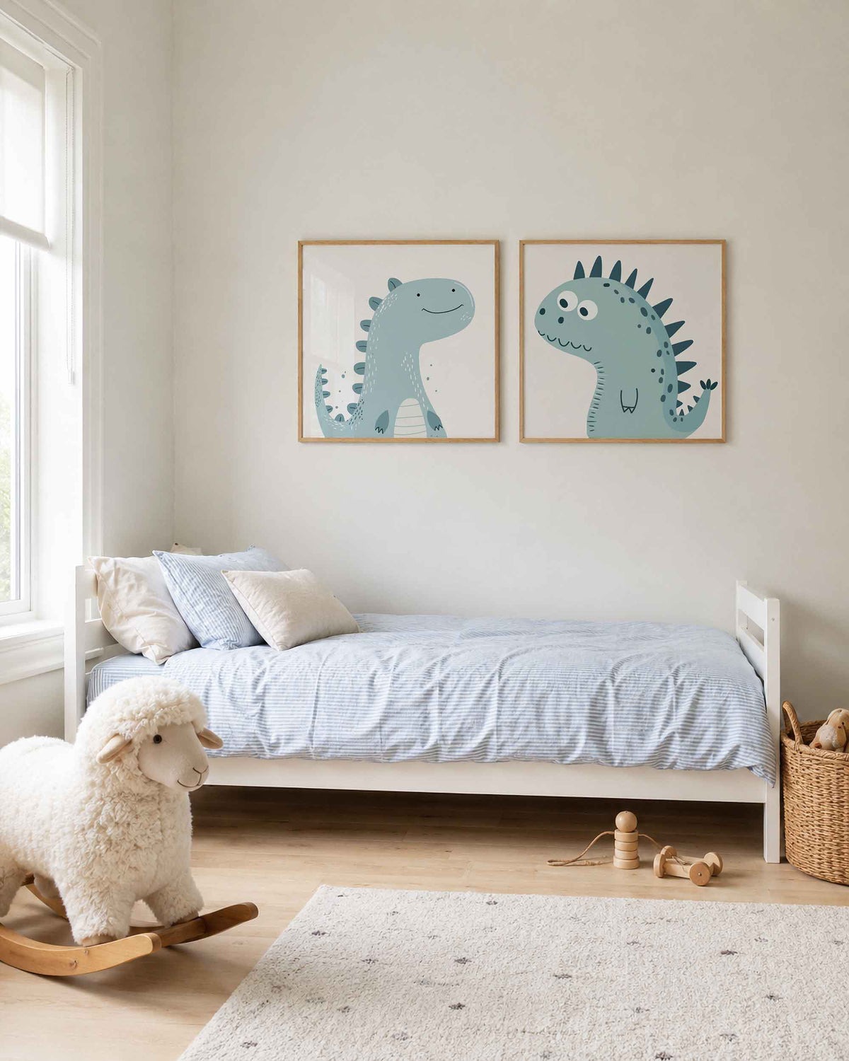 Interieurpresentatie van een tweedelige vierkante posterset met vrolijke dinosaurussen