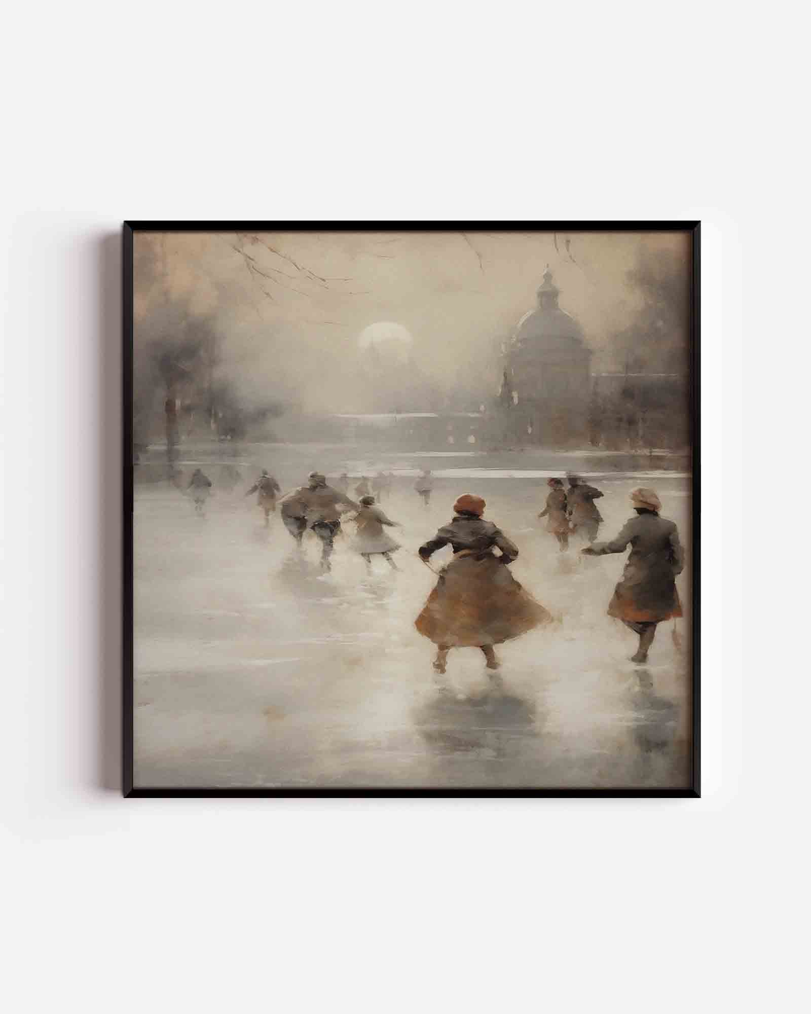 Schaatsers op bevroren meer Poster