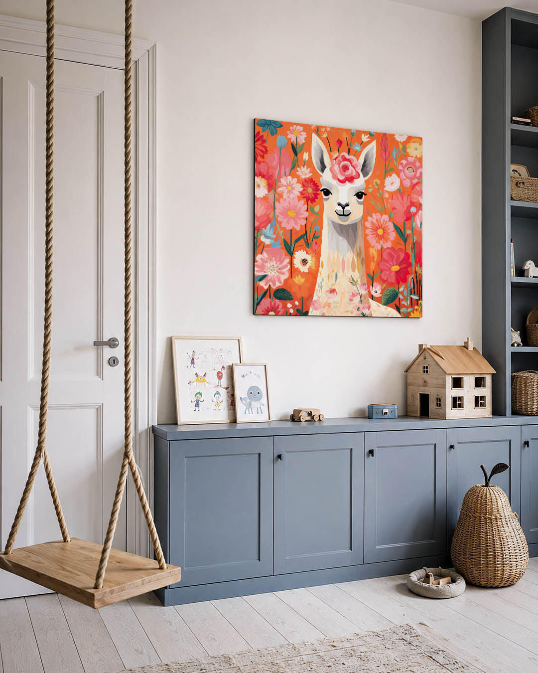 Vrolijke lama bloemen Kunstwerk