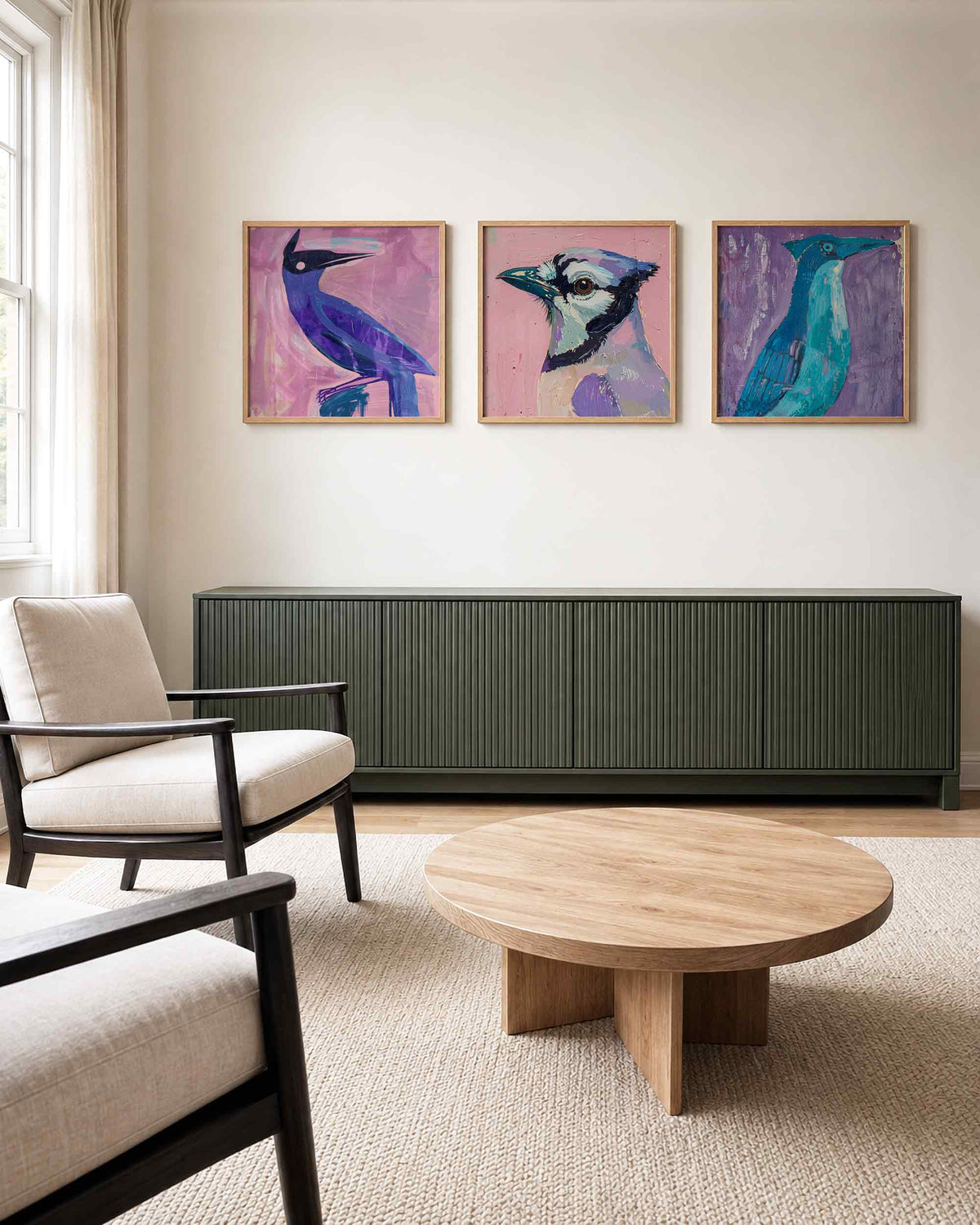 Interieurpresentatie van een driedelige vierkante posterset met kleurrijke vogels