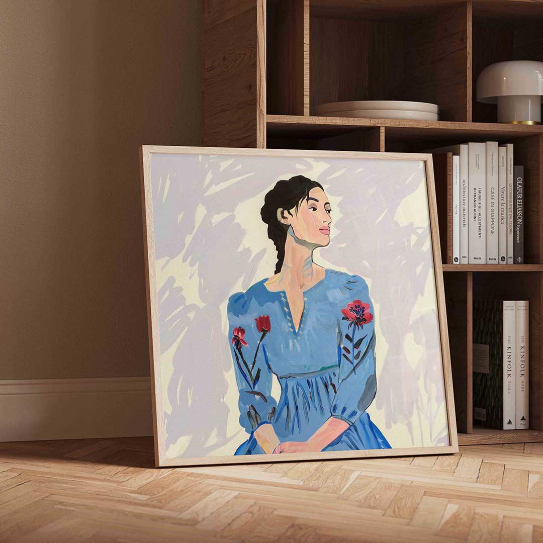 Vrouw in blauwe jurk Poster