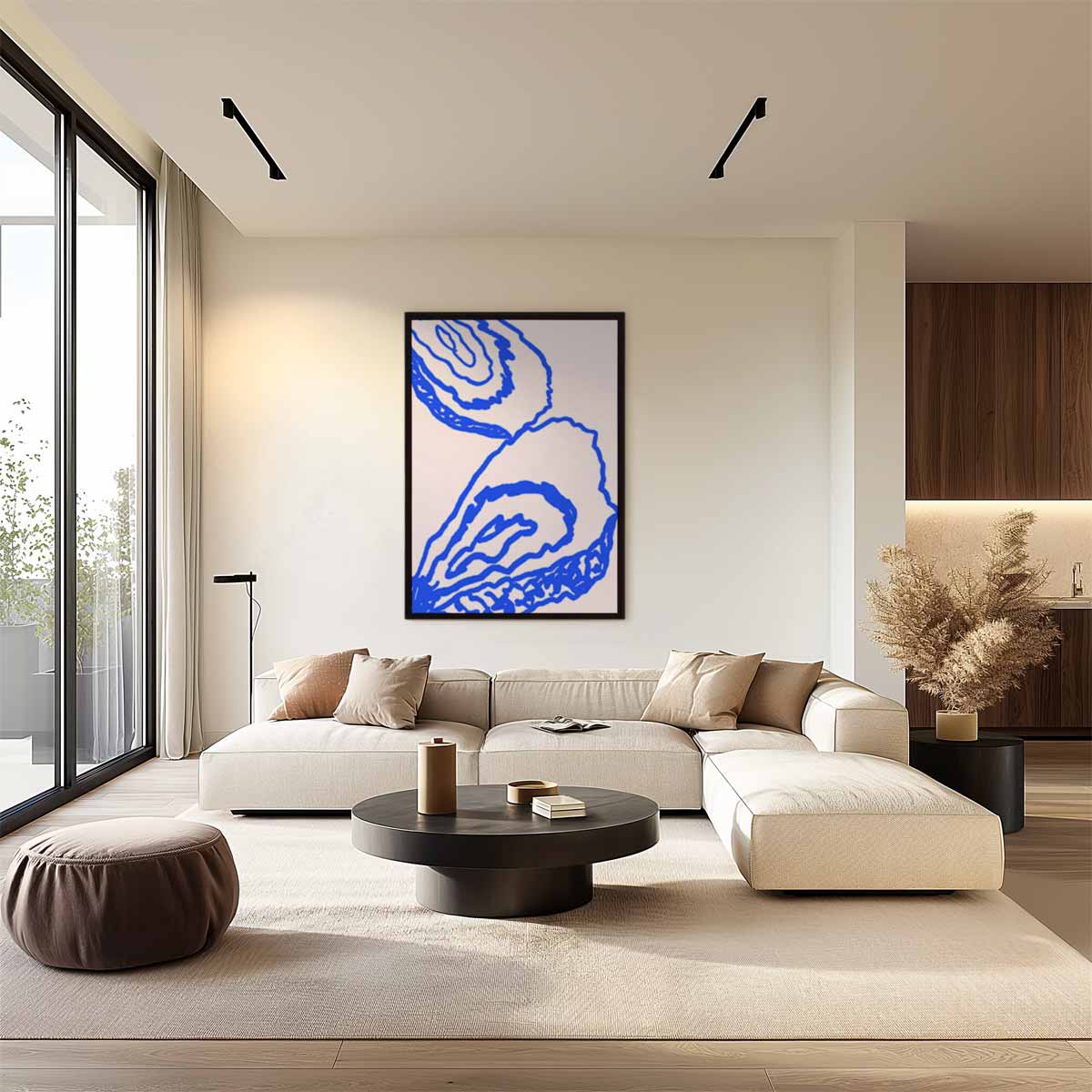 Abstracte Blauwe Contouren op Beige Kunstwerk-canvas-dibond-plexiglas-wanddecoratie-WallArtistic