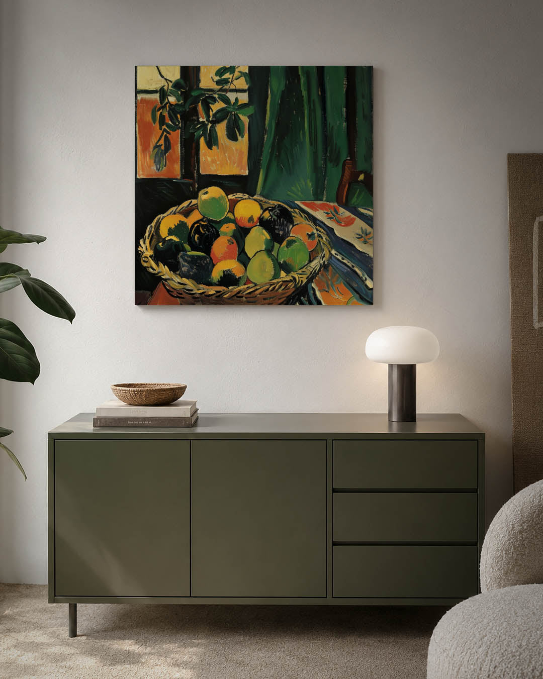 Fruitmand met groene gordijn Kunstwerk