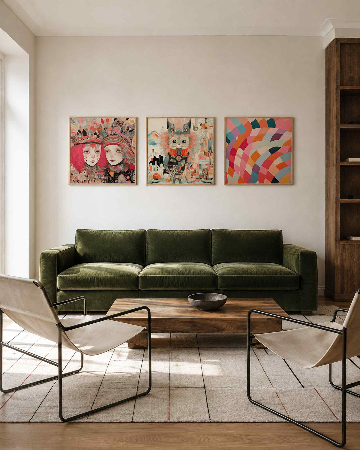 Interieurpresentatie van een driedelige vierkante posterset met fantasiefiguren en kleurvlakken