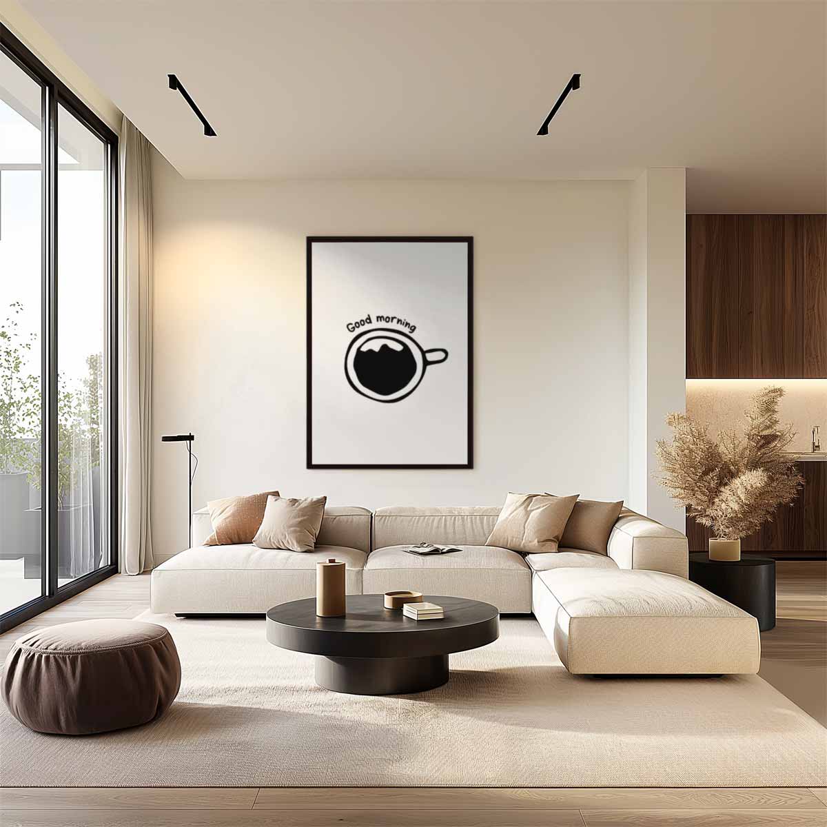 Zwart-wit Goede Morgen Koffie Illustratie Kunstwerk-canvas-dibond-plexiglas-wanddecoratie-WallArtistic