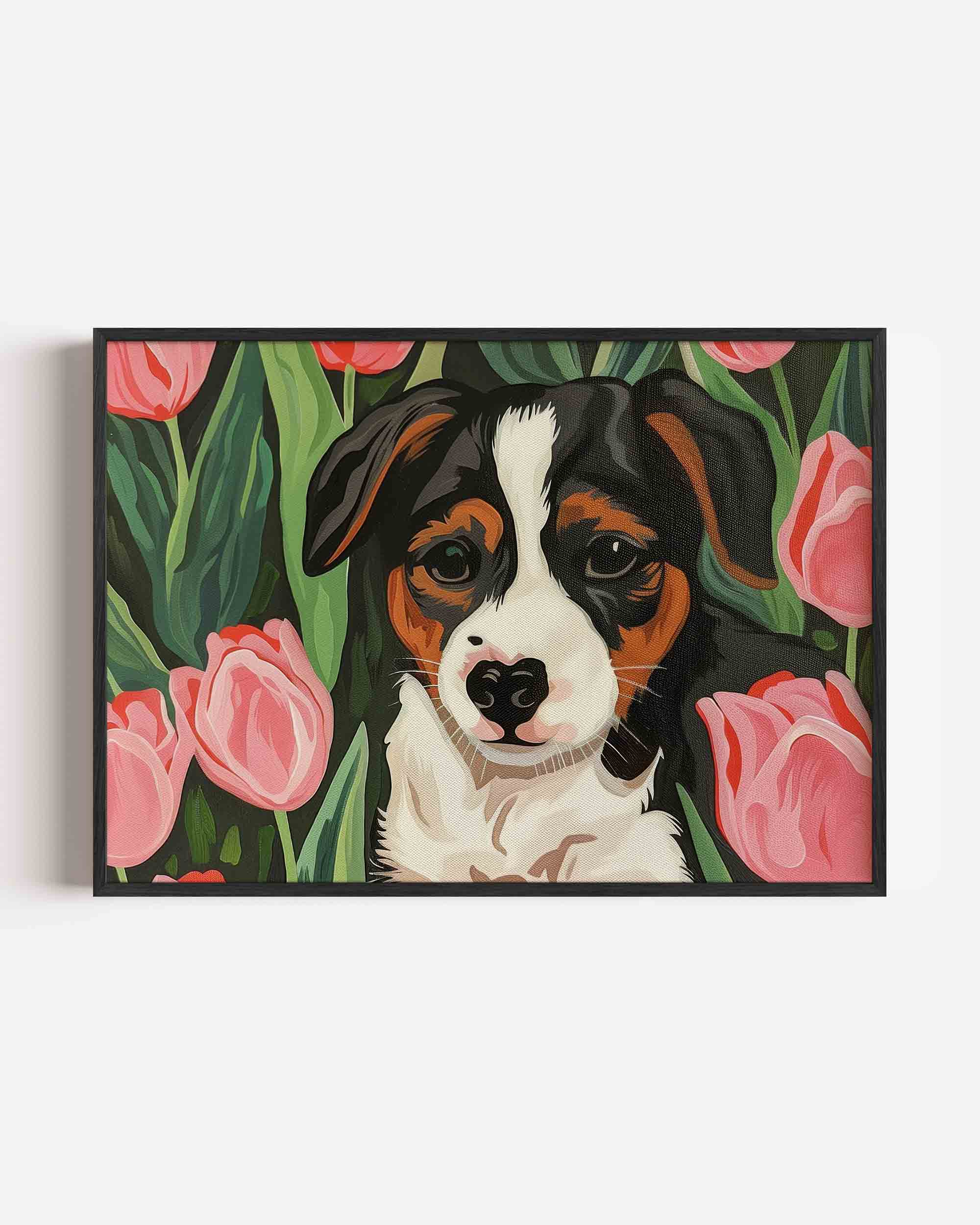 Hond tussen tulpen Poster