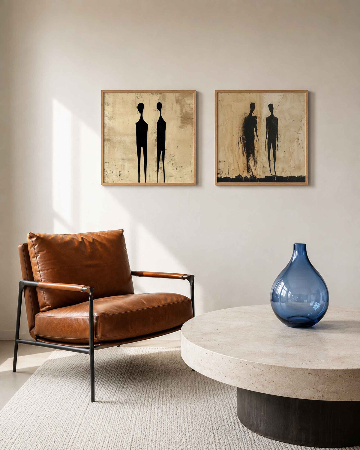 Interieurpresentatie van een tweedelige vierkante posterset met silhouetten duo