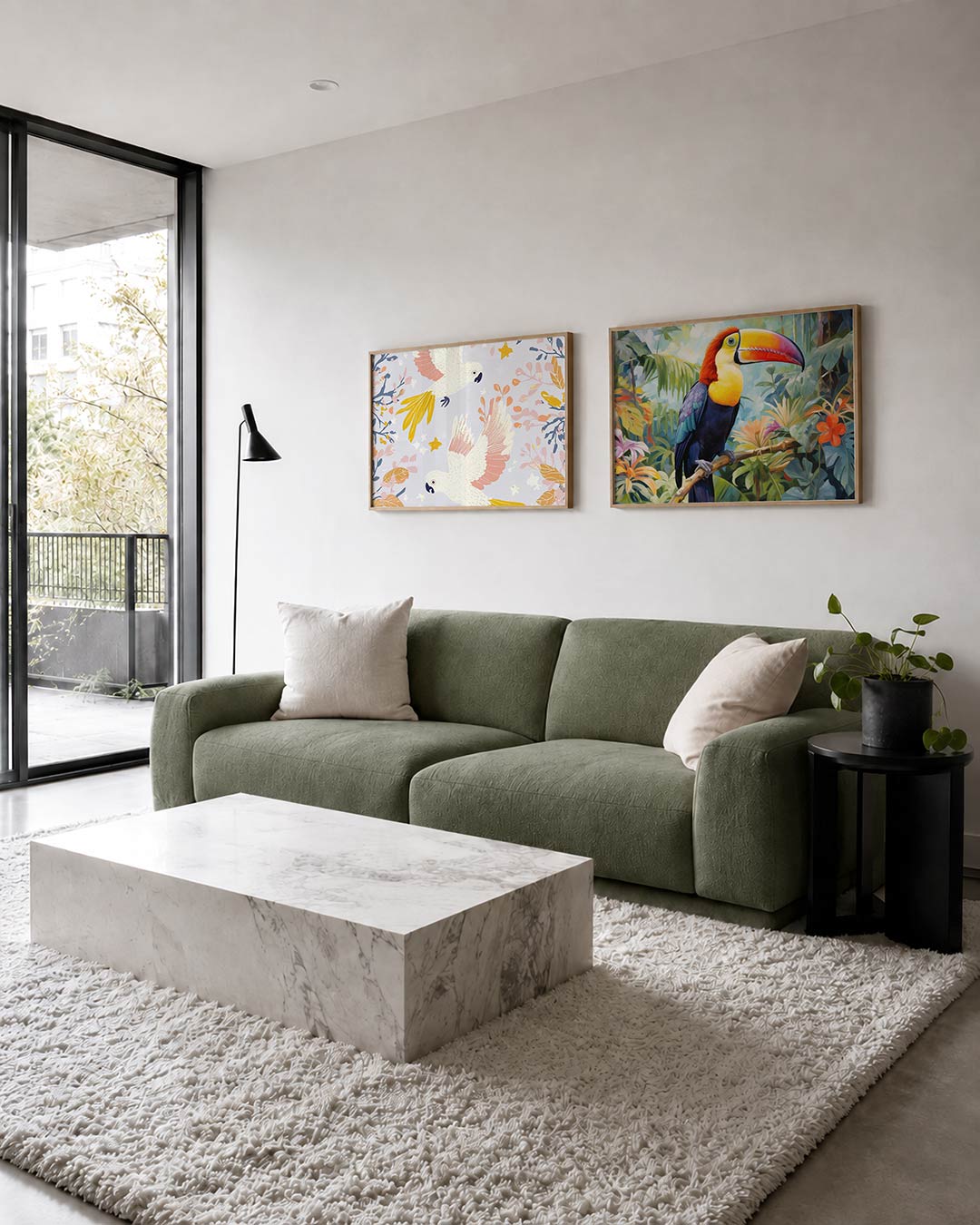 Tweedelige posterset met witte vogels met gele staarten en roze vleugels tussen bladeren en sterren, getoond in een interieur