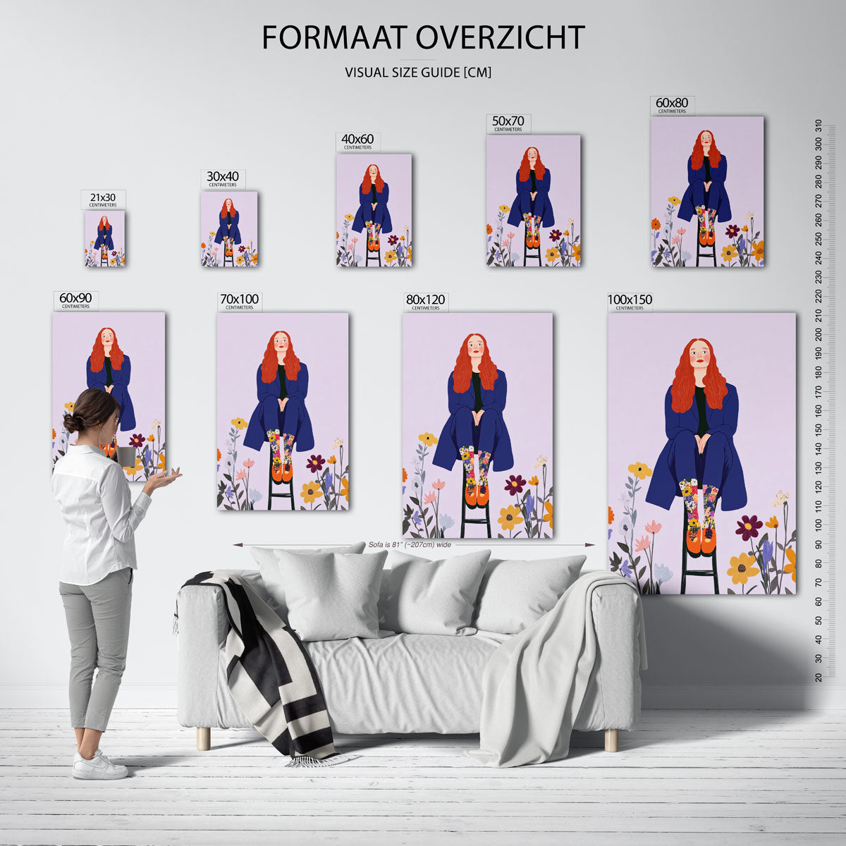 Vrouw op kruk met bloemen Poster