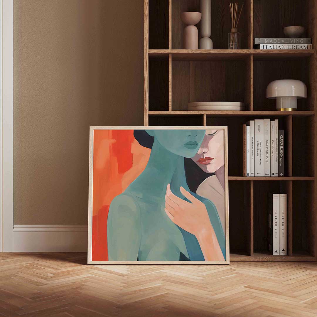 Twee figuren met oranje achtergrond Poster