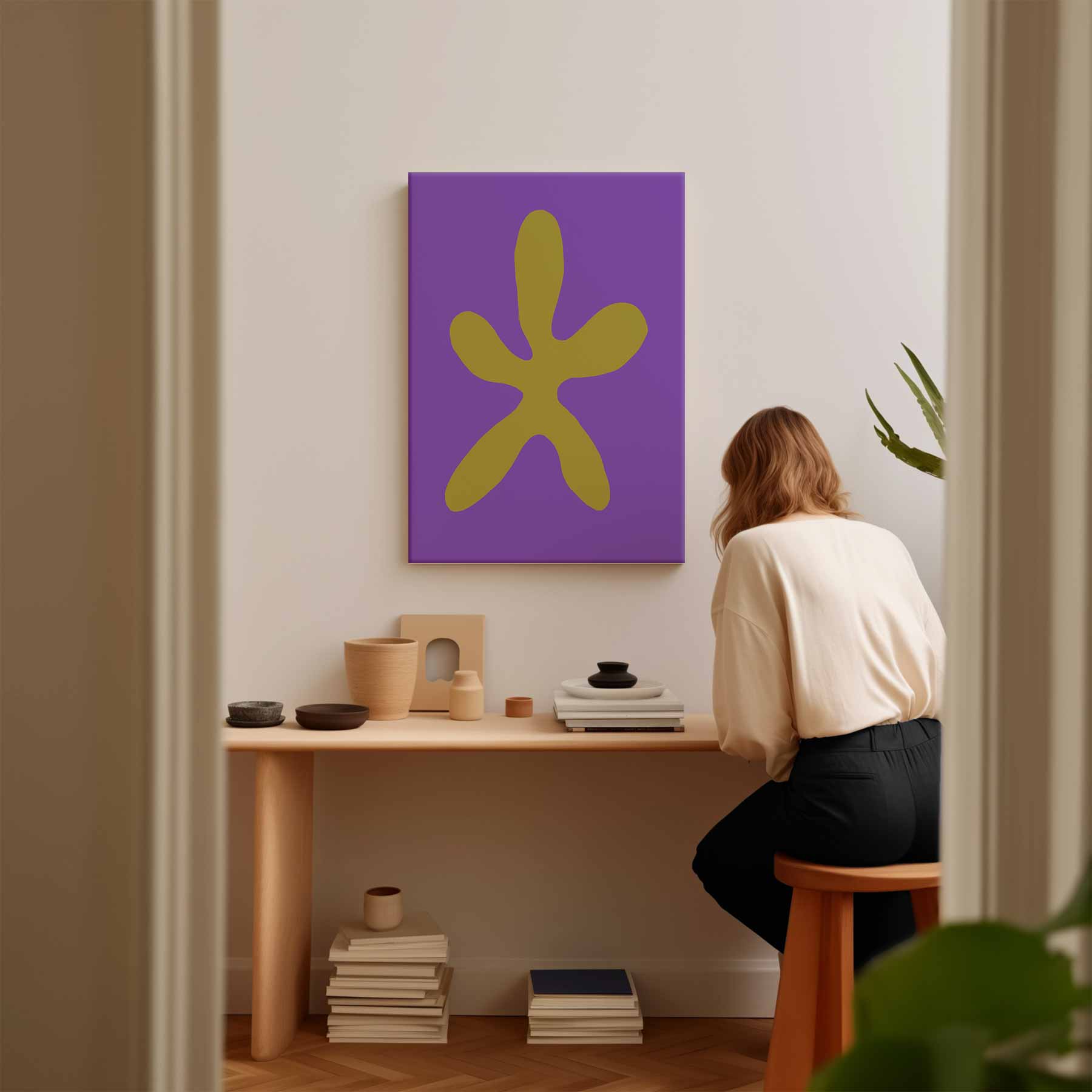 Vrolijke Gele Ster op Paars Kunstwerk-canvas-dibond-plexiglas-wanddecoratie-WallArtistic