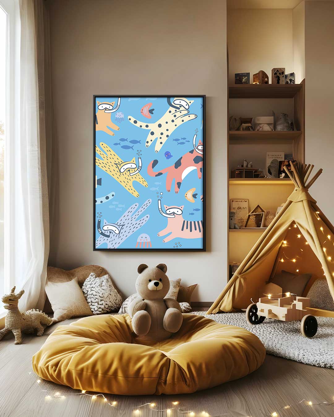 Duikende Katten Avontuur Kunstwerk-canvas-dibond-plexiglas-wanddecoratie-WallArtistic
