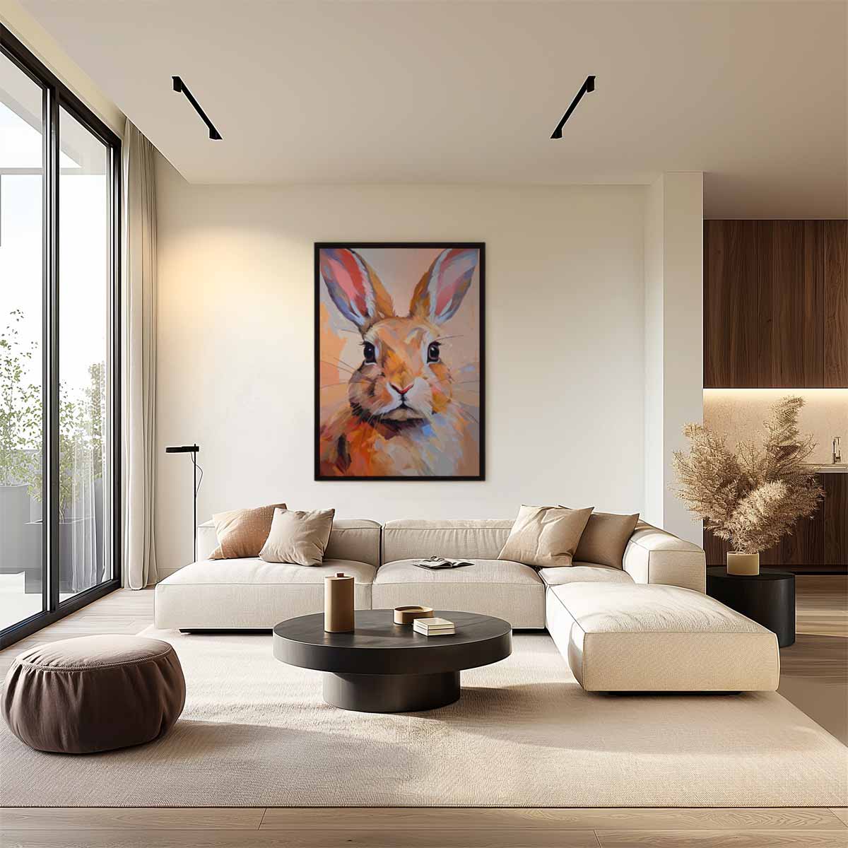 Schilderij van een nieuwsgierige haas Kunstwerk-canvas-dibond-plexiglas-wanddecoratie-WallArtistic