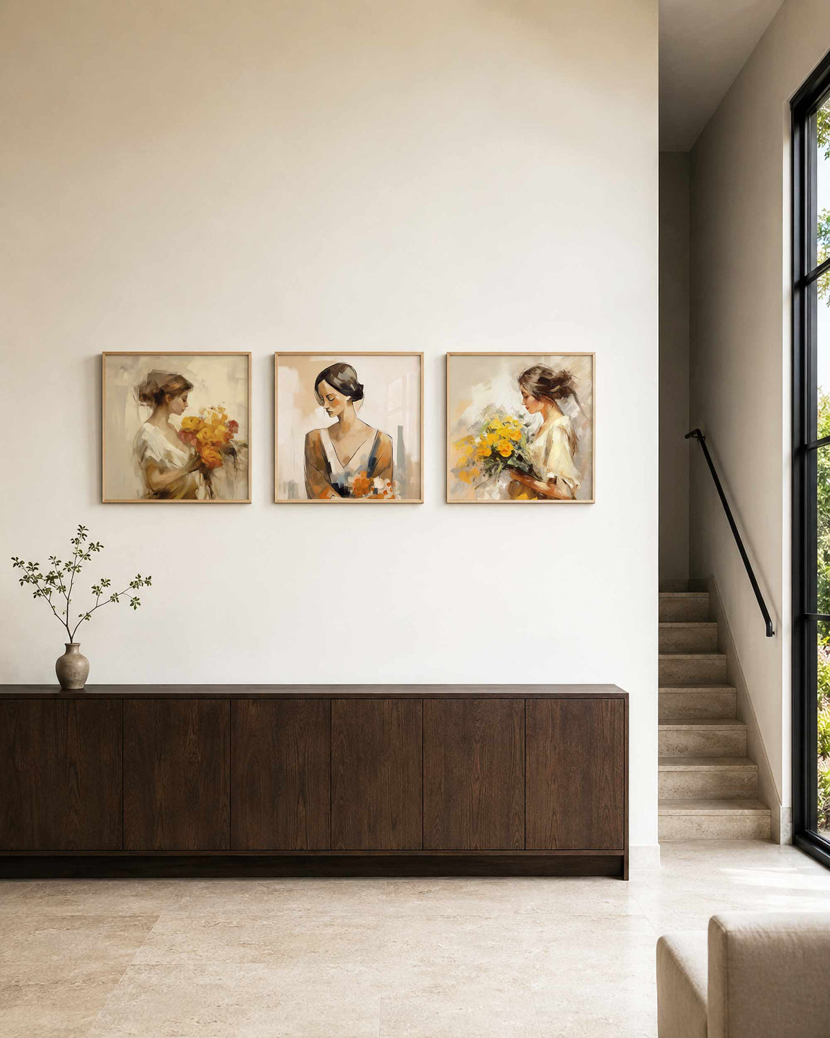 Interieurpresentatie van een driedelige vierkante posterset met vrouwen met bloemen