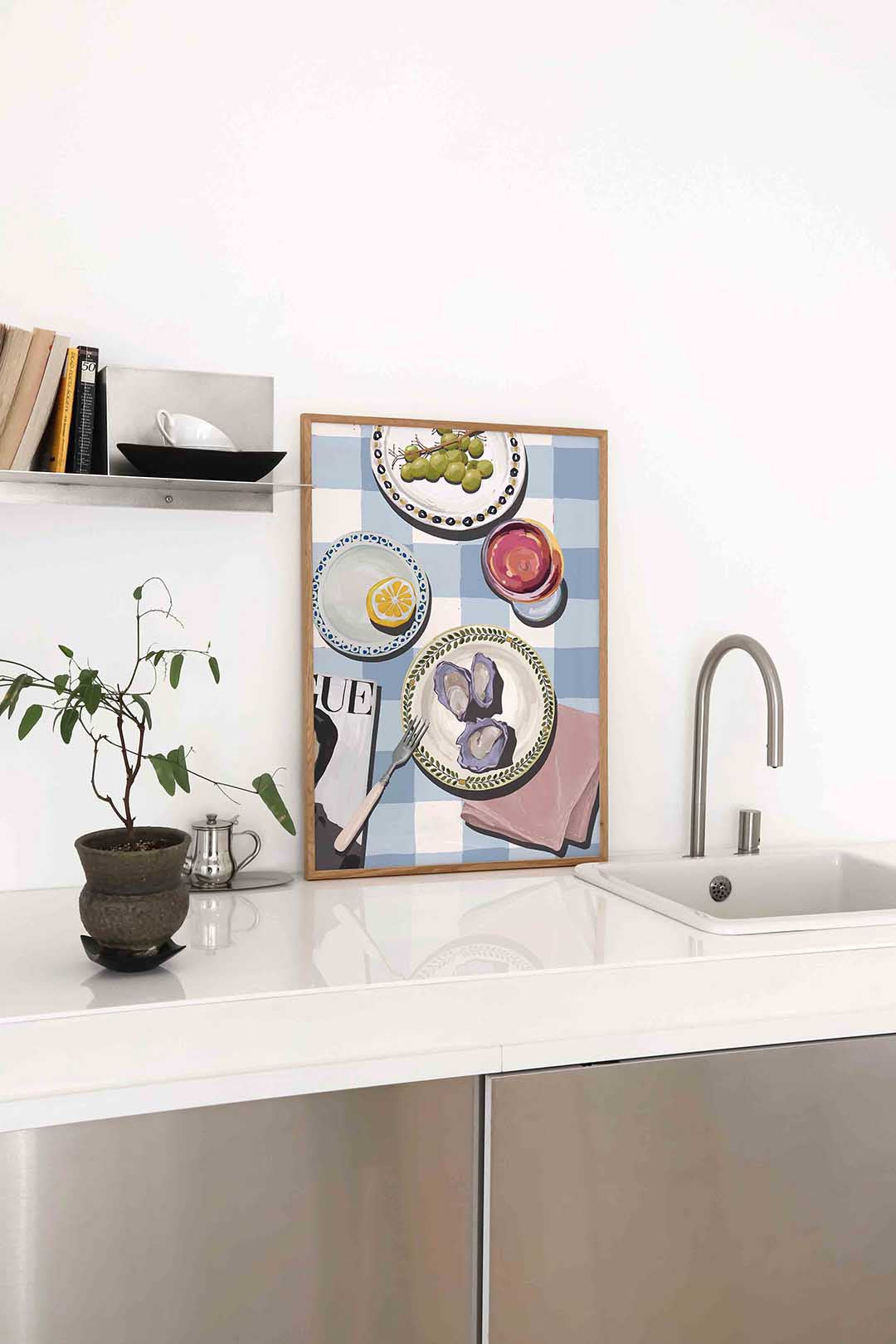 Tafel met druiven en oesters Poster