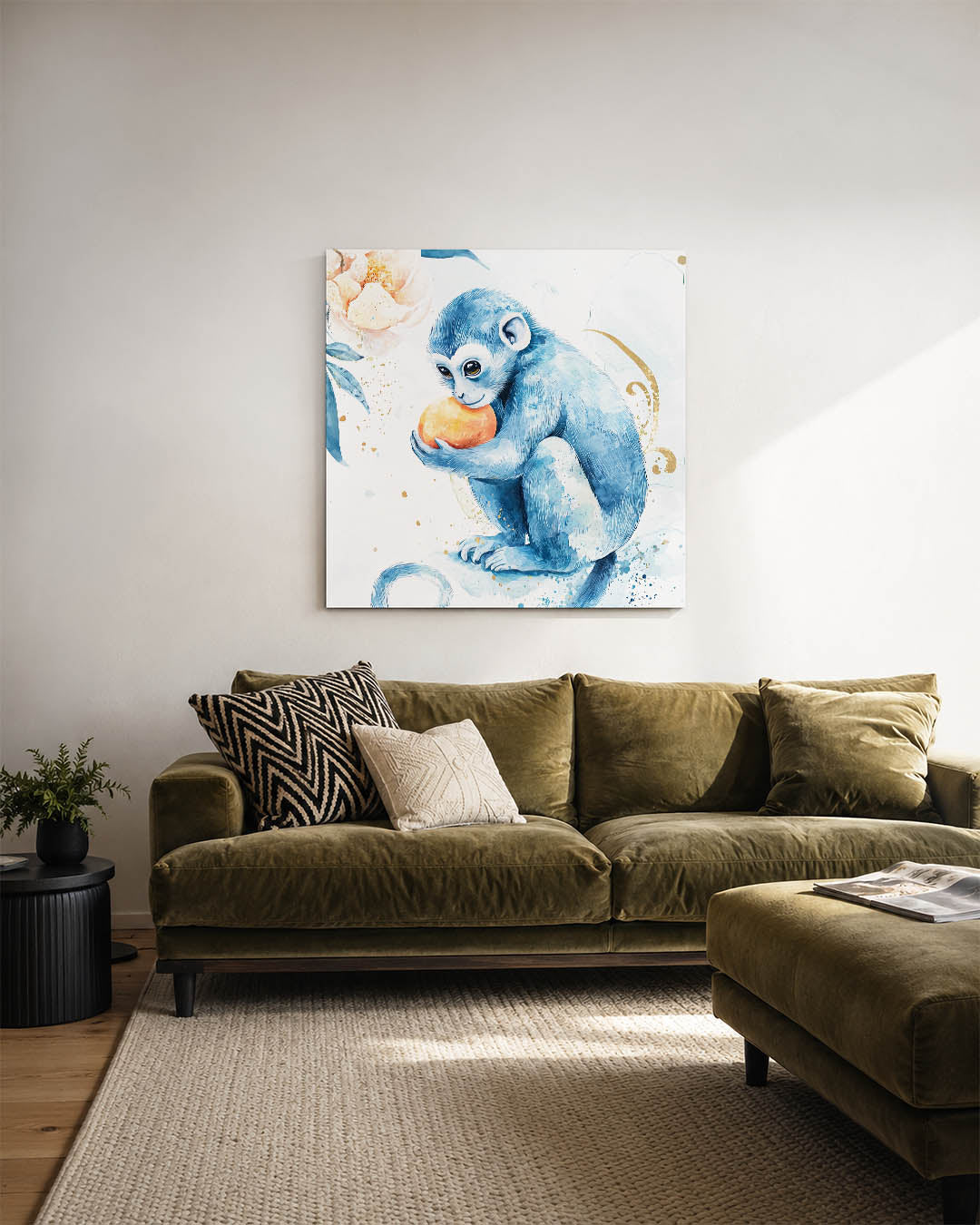Speelse blauwe aap Kunstwerk