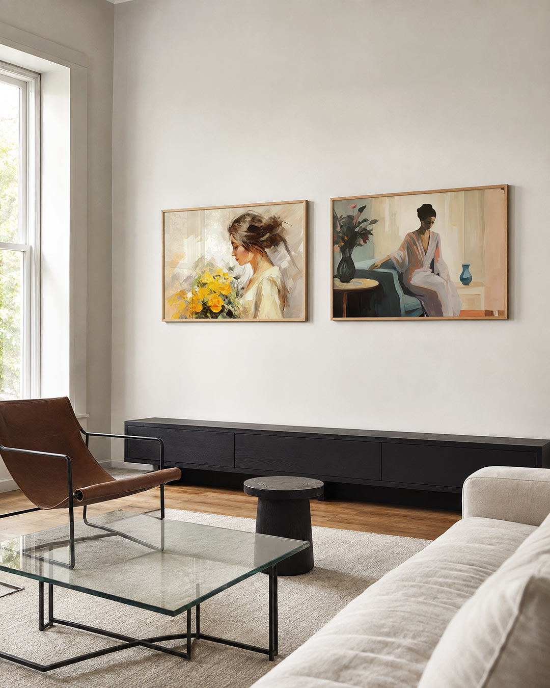 Tweedelige posterset met een vrouw met losse penseelstreken en een boeket gele bloemen, getoond in een interieur