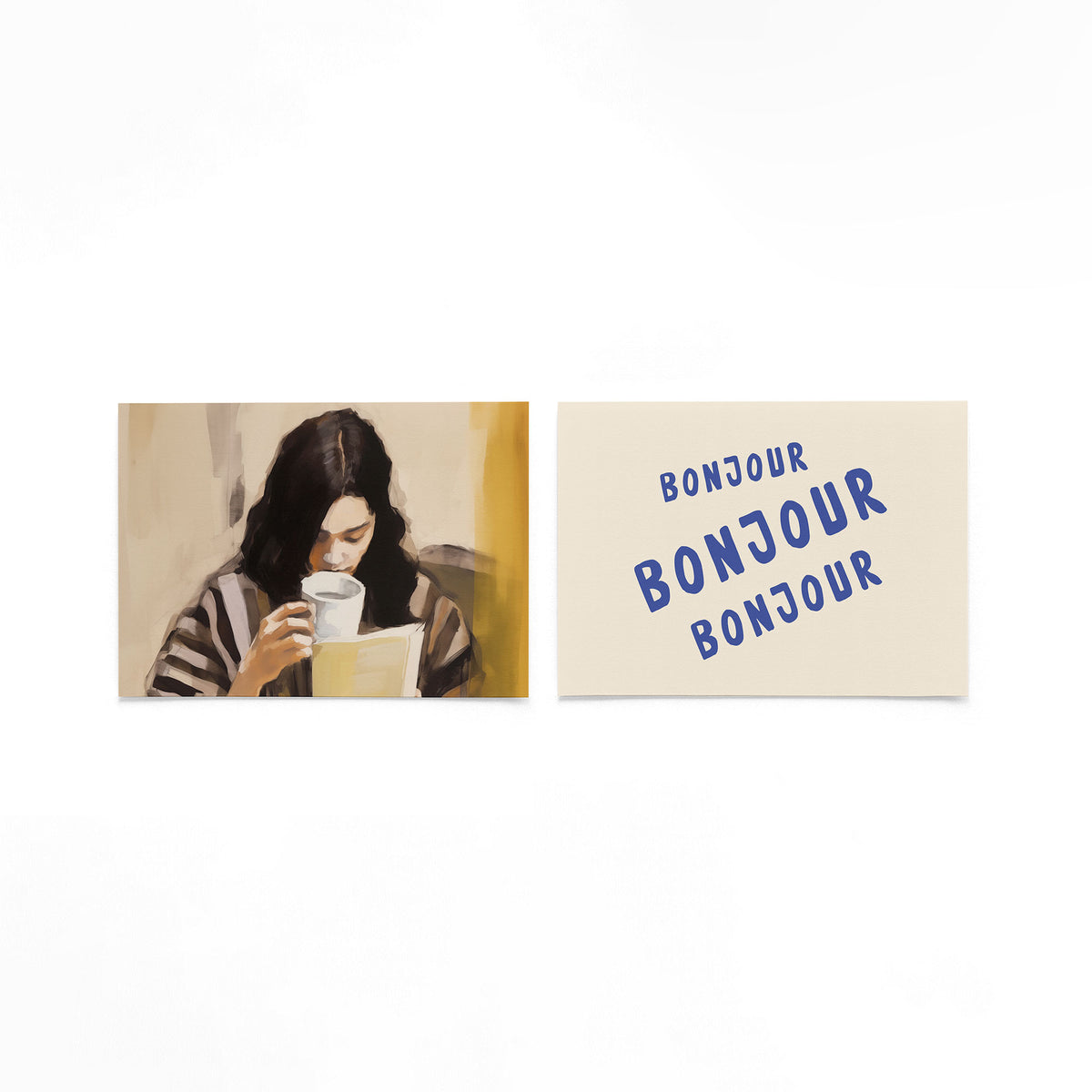 Twee liggende posters met een vrouw die een boek leest en een witte mok vasthoudt op een gebroken witte achtergrond