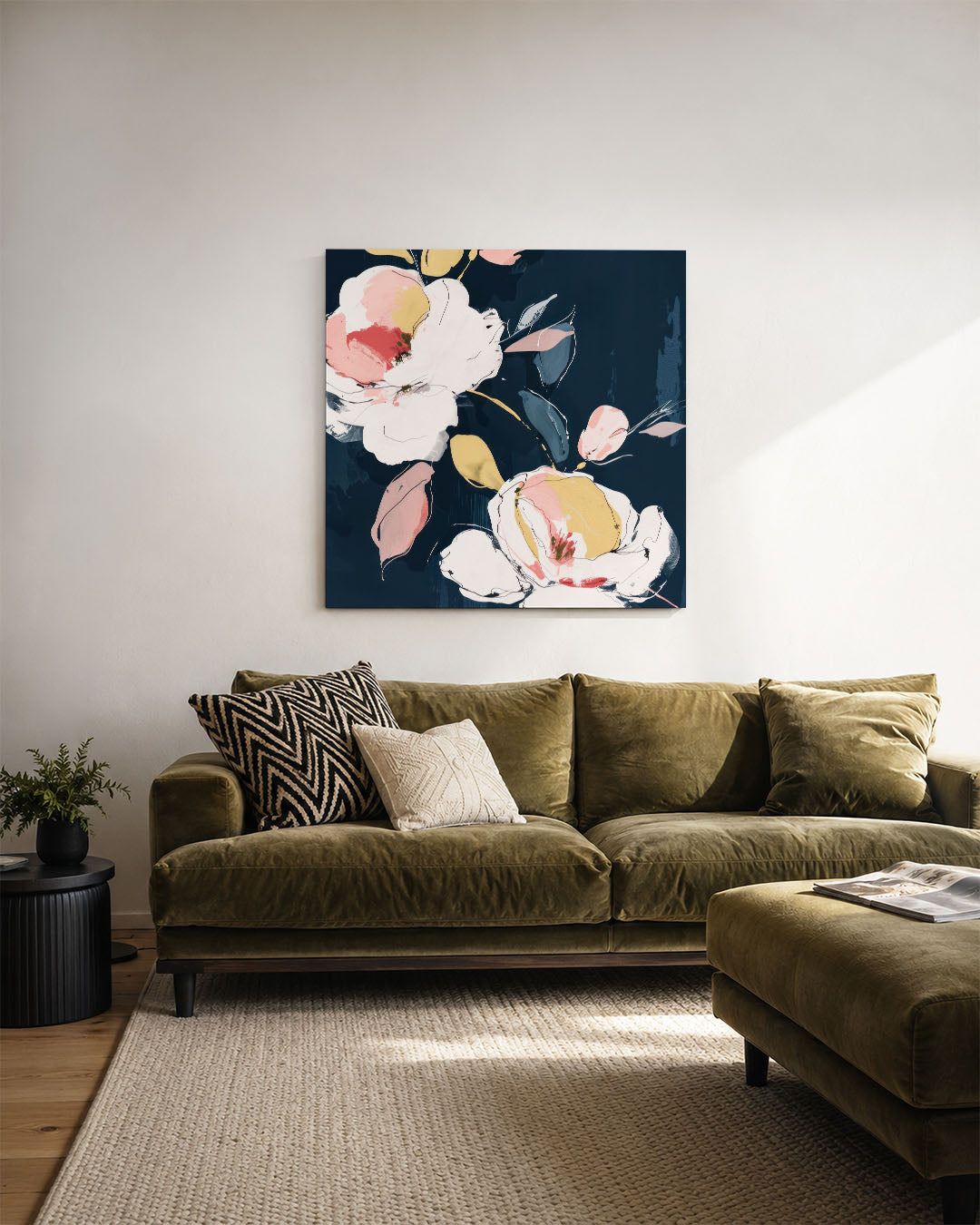 Bloemmotief op donkere achtergrond Kunstwerk